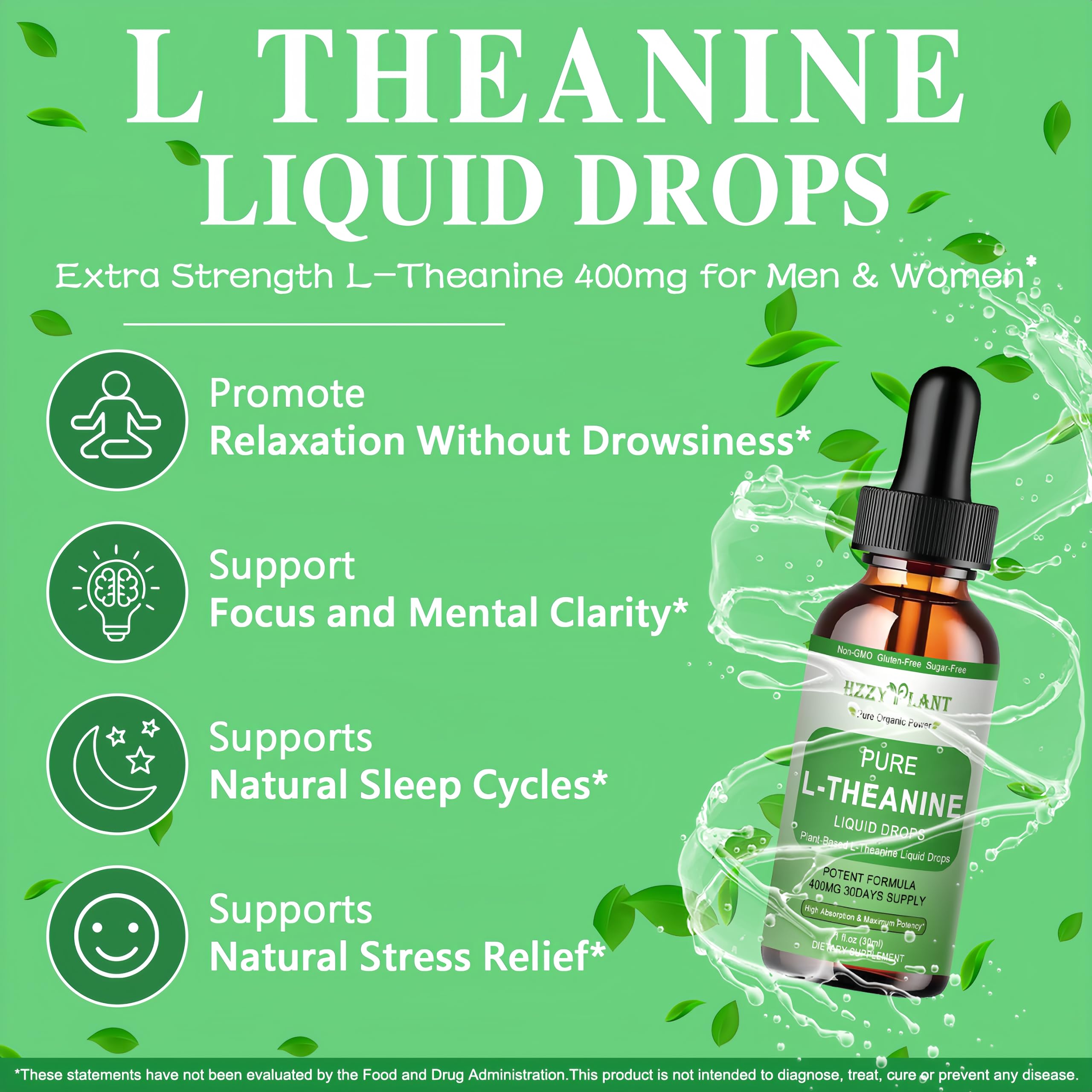 HZZYPLANT L-Theanine bottle beside a glass suggests a daily calm routine