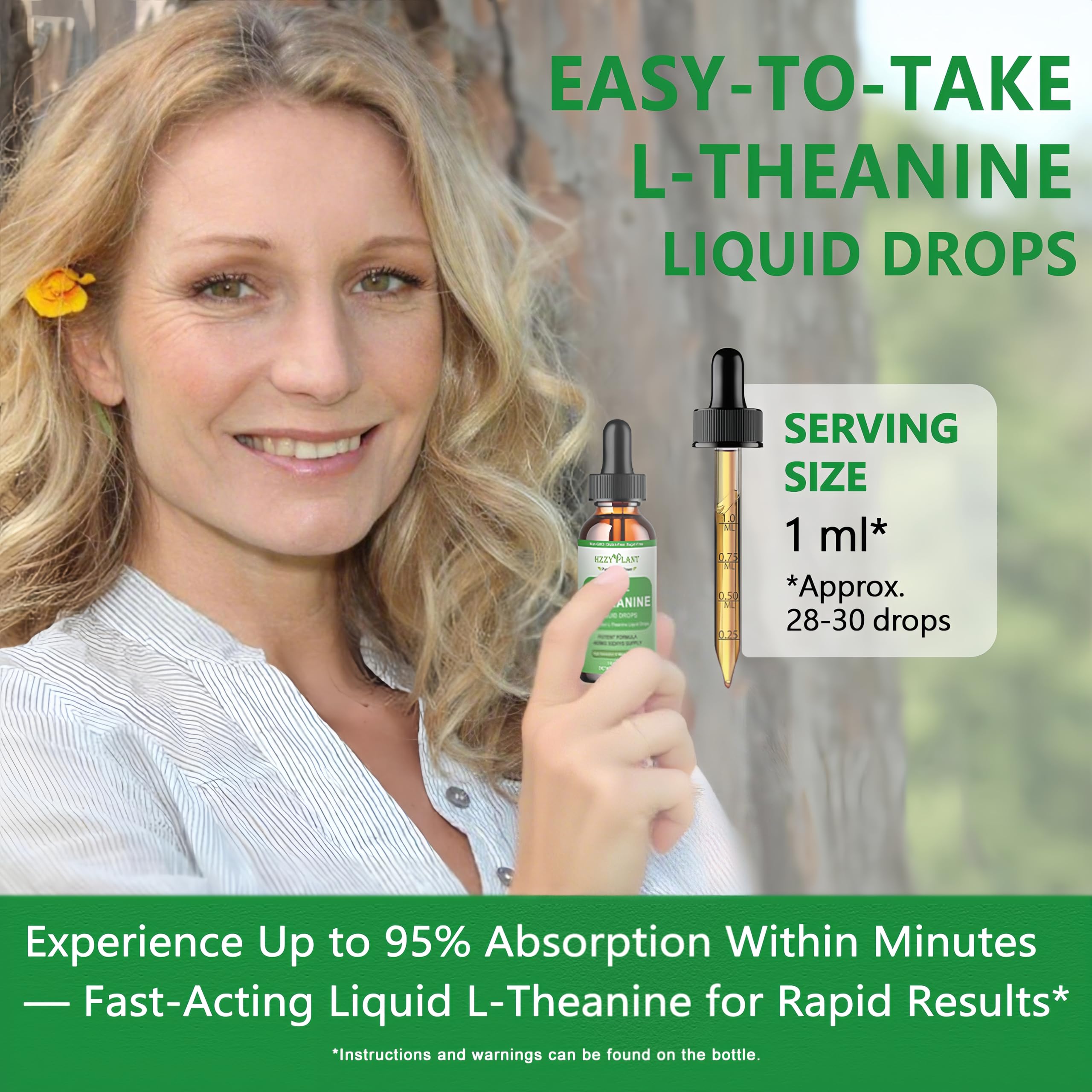 HZZYPLANT L-Theanine liquid drops packaging with vegan non-GMO gluten-free icons