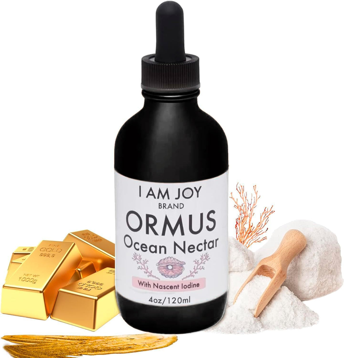 I Am Joy co. Ormus Ocean Nectar bottle shows the gold-infused formula for focused energy.