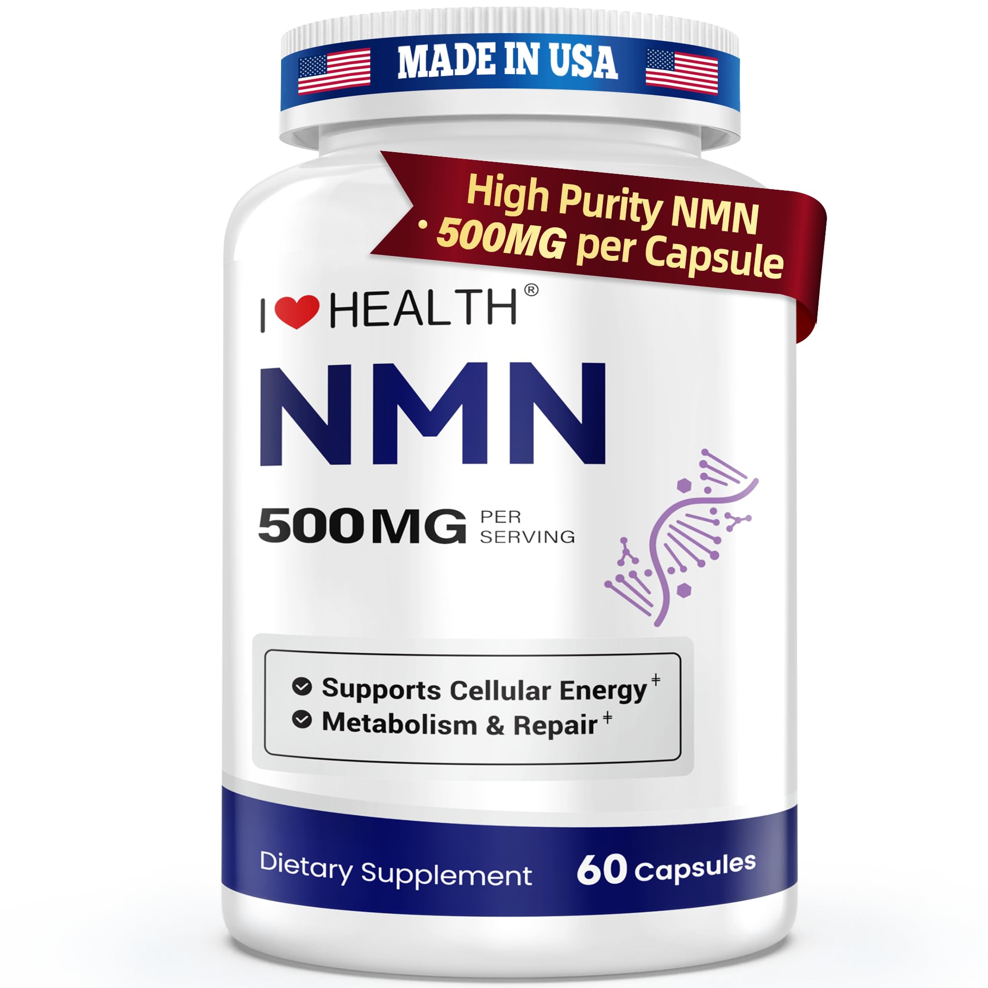 I LOVE HEALTH NMN 500mg bottle label highlights high-purity NMN for daily vitality.
