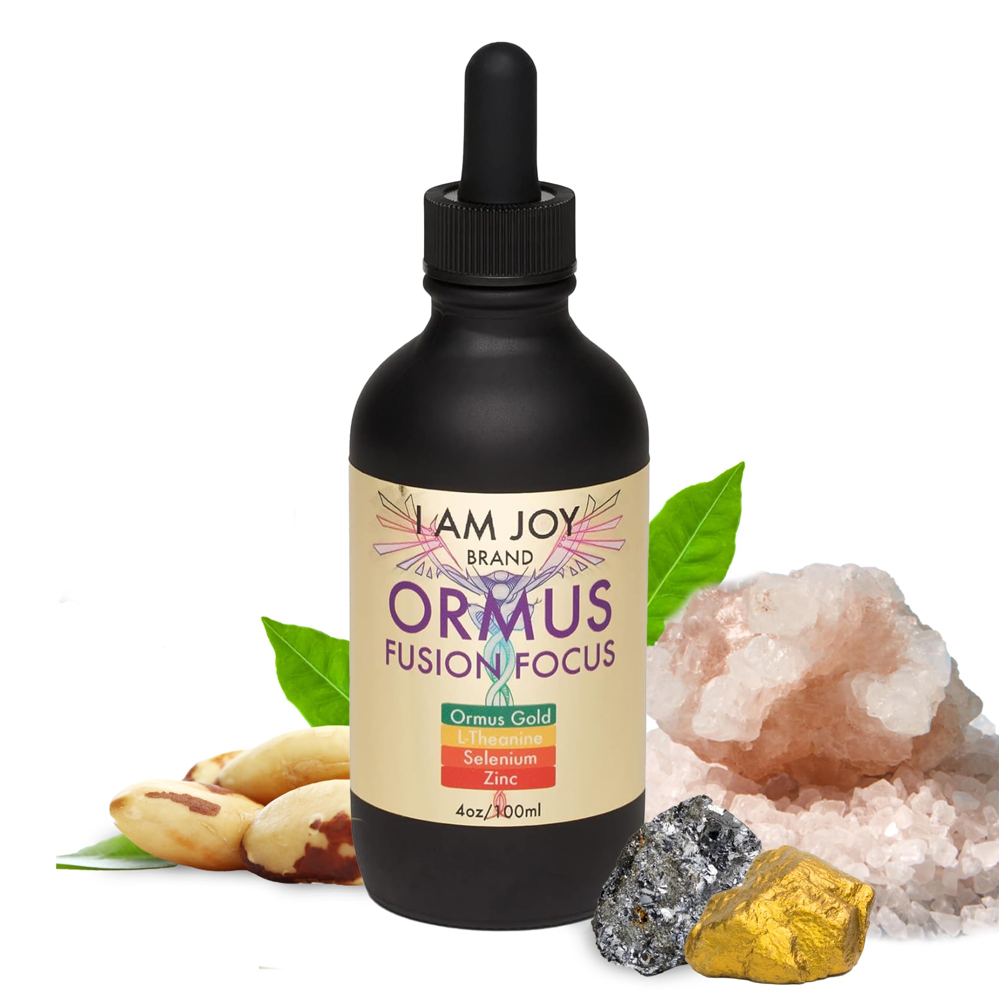 I Am Joy Co. Ormus gold bottle shows detox support and pineal focus.