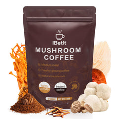 IBetIt Organic Mushroom Coffee bag and cup ready for an energy boost.