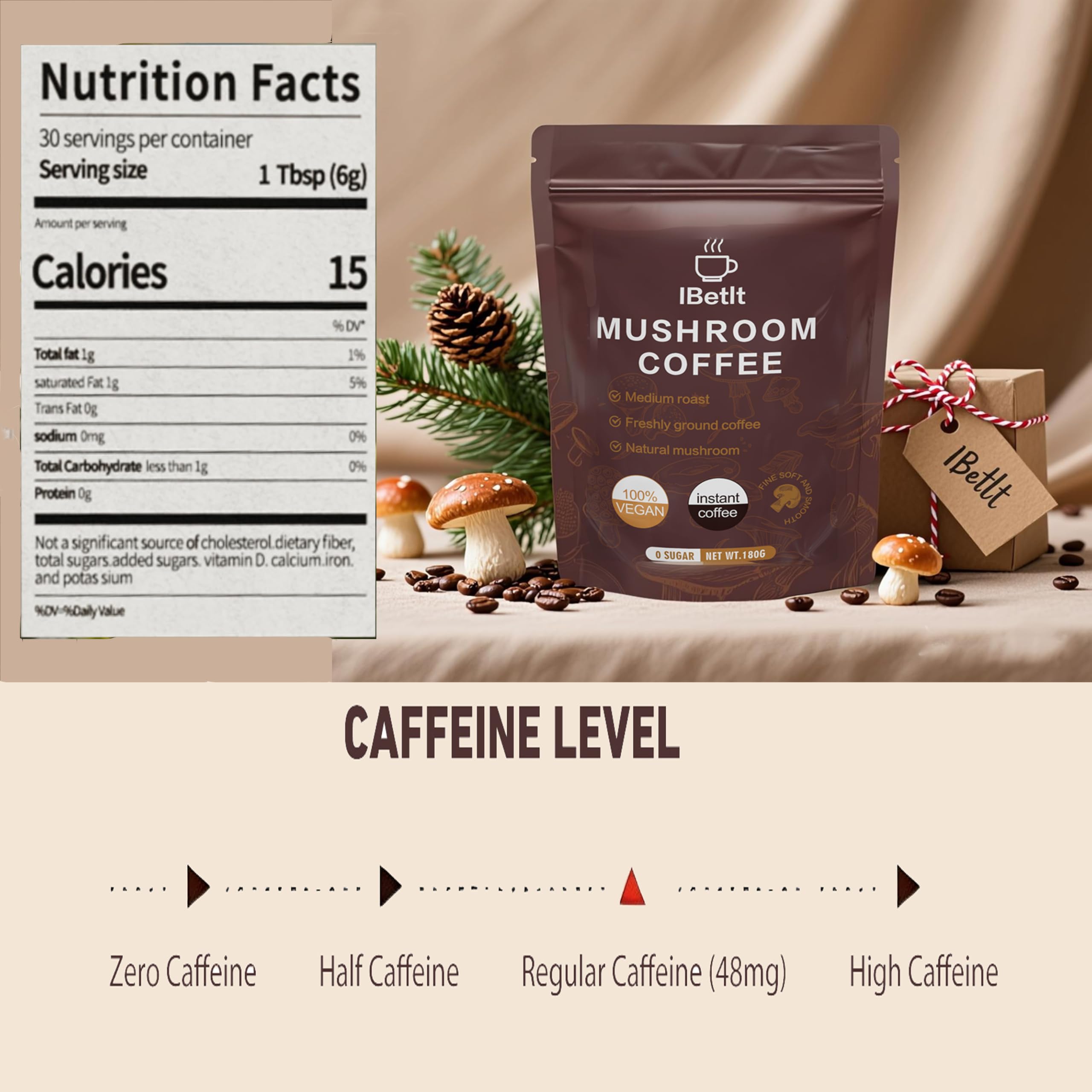 IBetIt Organic Mushroom Coffee ingredients showcase six mushrooms for focus.