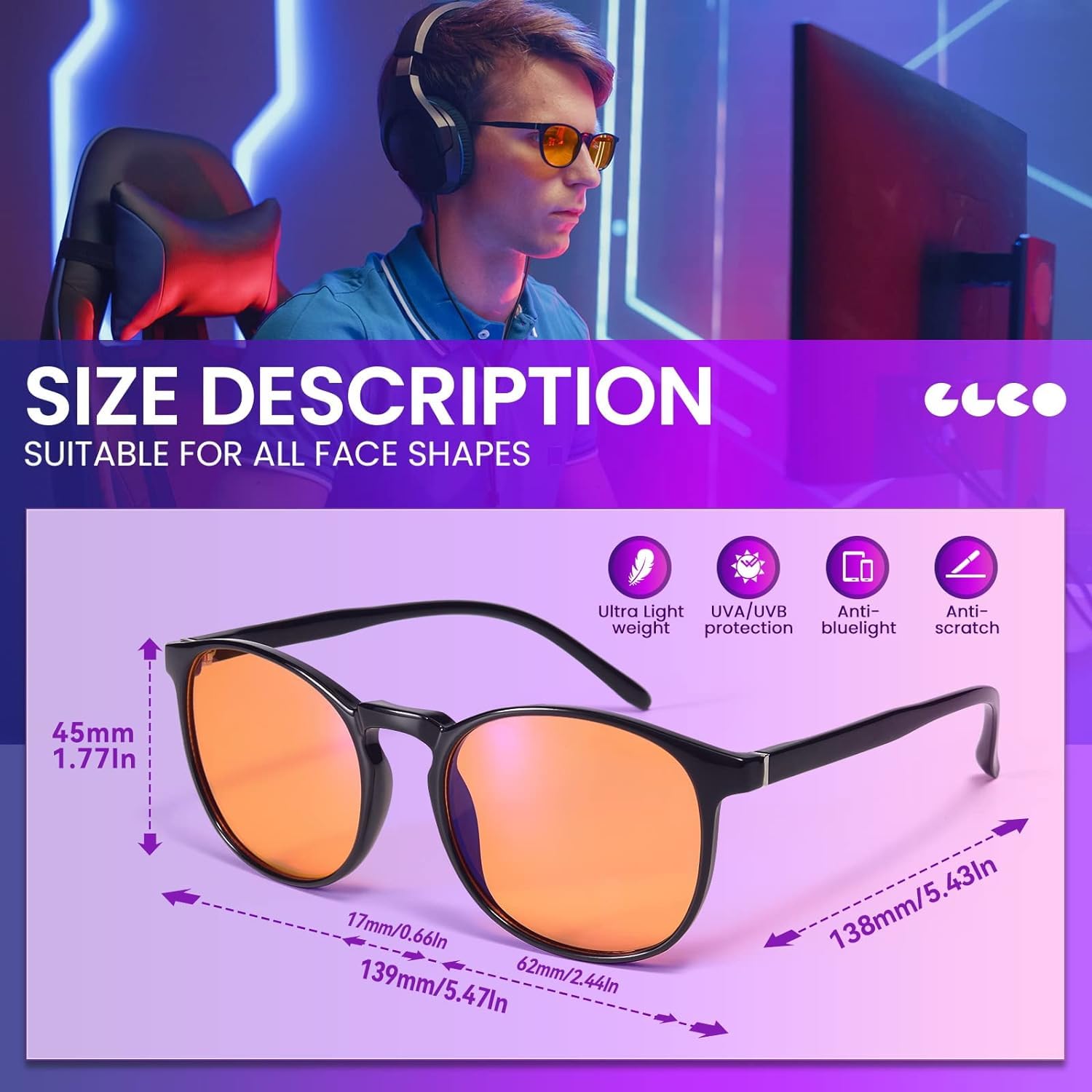 IBOANN blue light glasses with UV protection coating guard against glare.