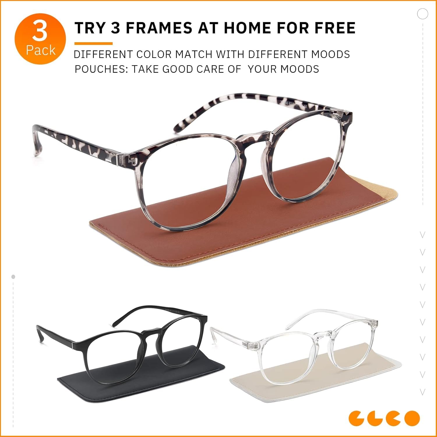 IBOANN three-pack blue light glasses for screen time, versatile and easy to replace.