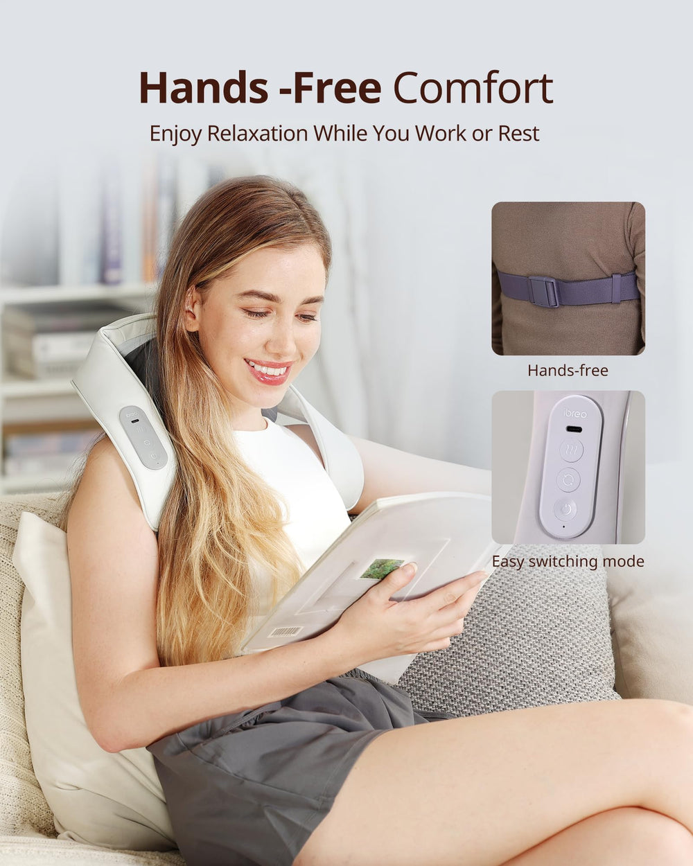 Ibreo hands-free back strap enables easy positioning during work or rest.
