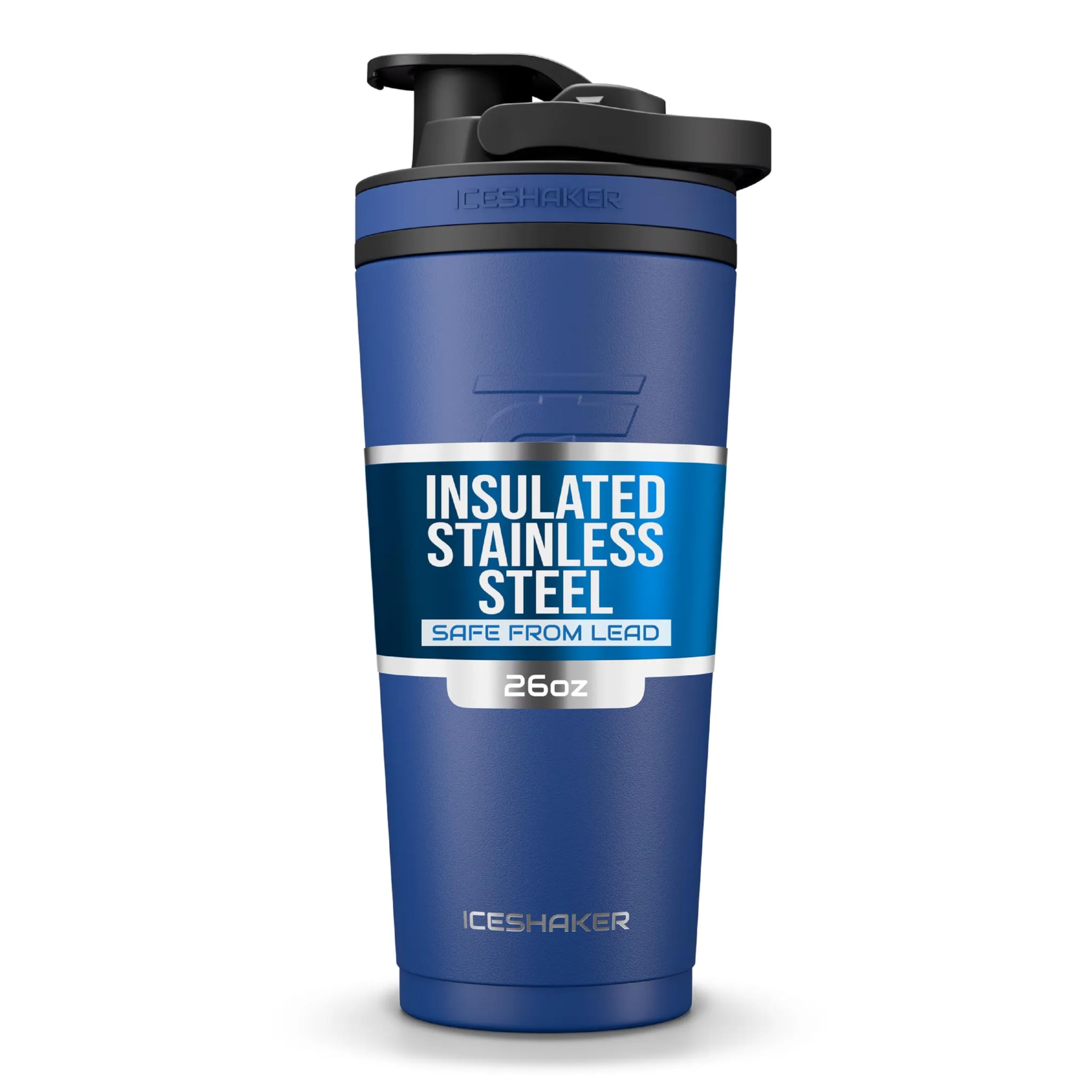 Ice Shaker 26oz navy bottle with twist-on agitator for smooth, lump-free shakes.