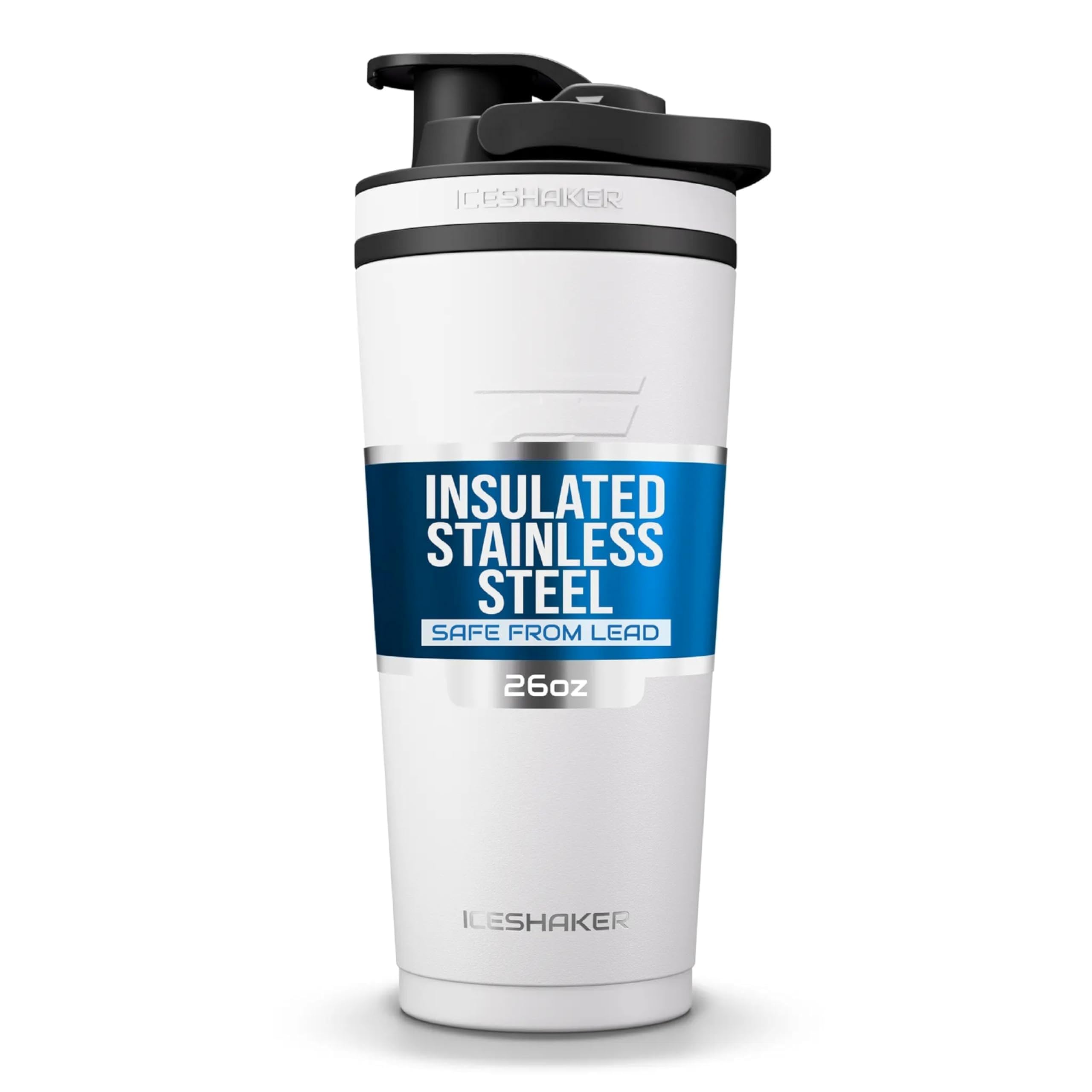 Ice Shaker 26oz white bottle front view showing insulated design for long-lasting cold