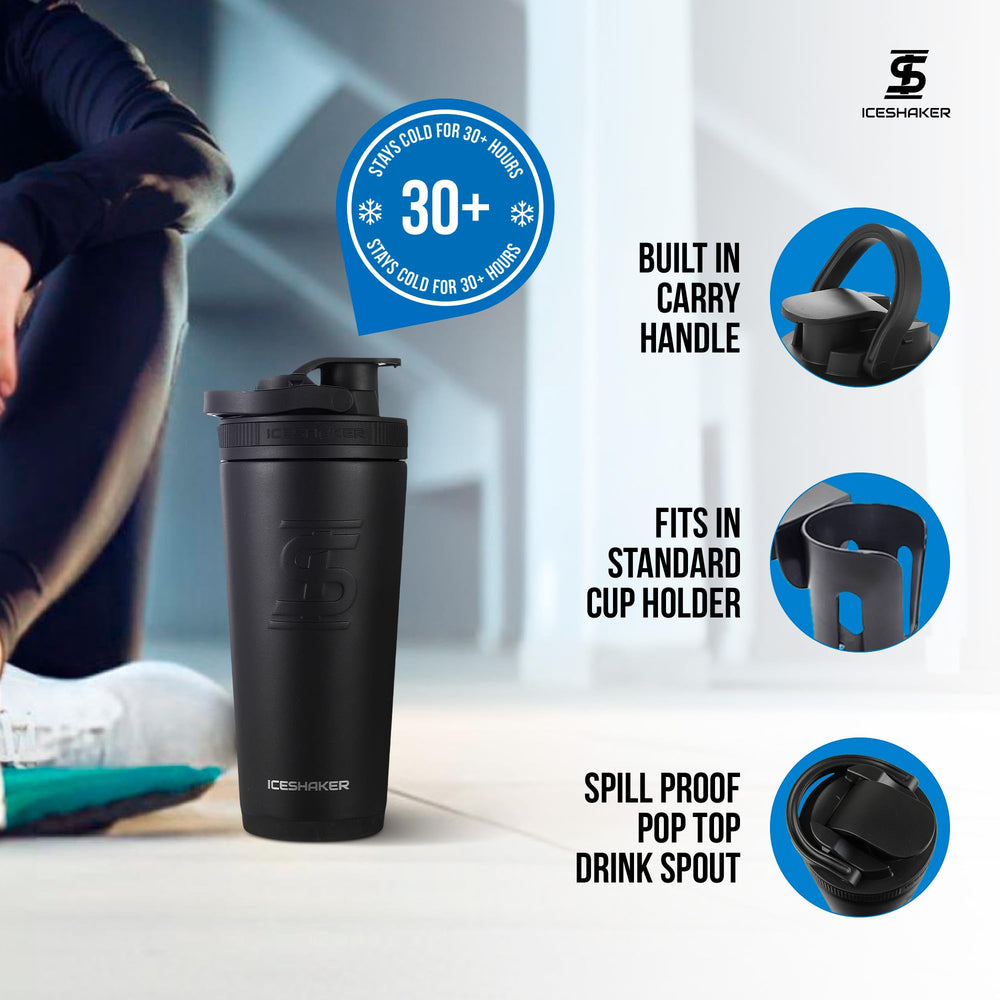 Ice Shaker black cap with compact bottle profile for on-the-go hydration.