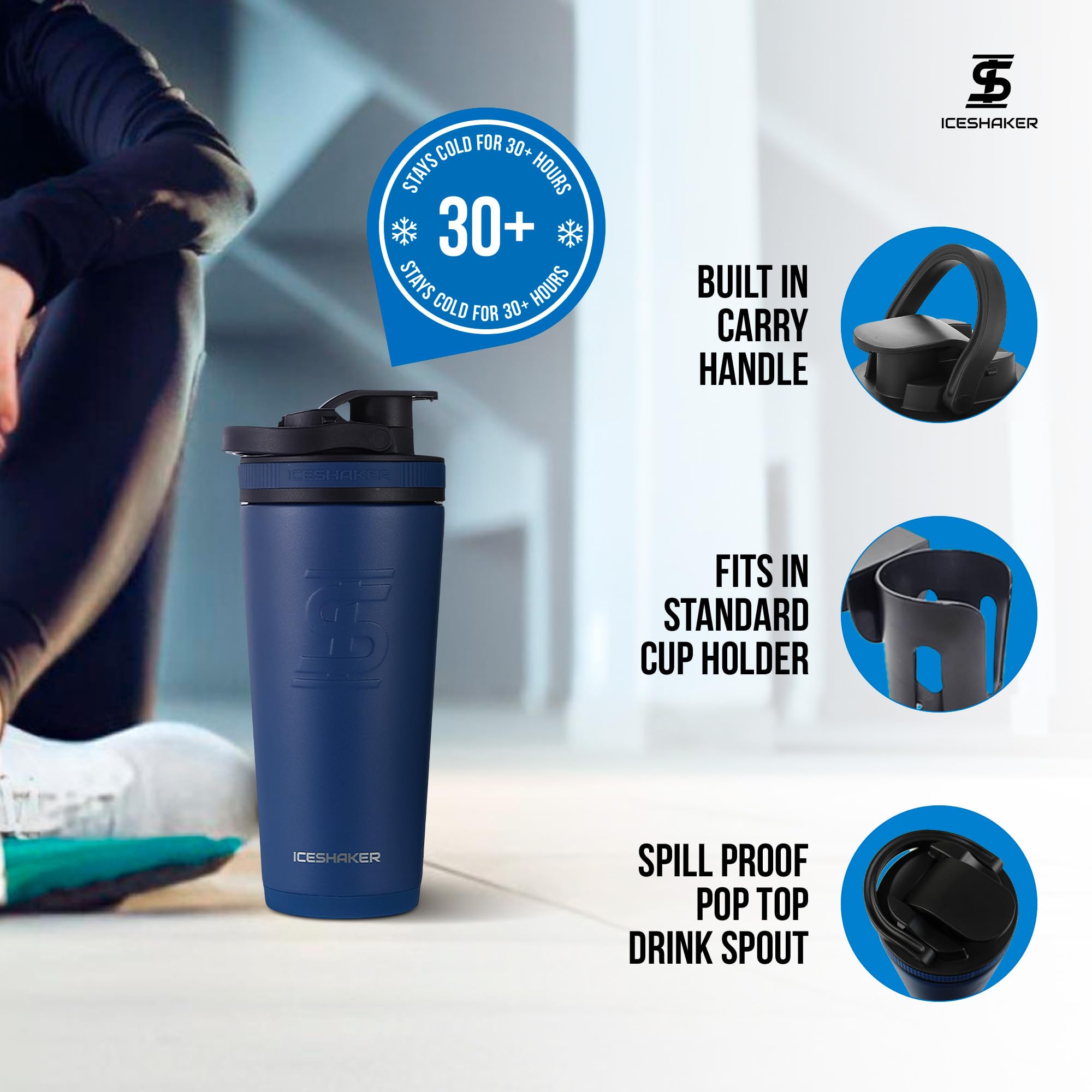 Ice Shaker double-wall insulation keeps drinks cold for over 30 hours.