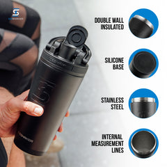 Ice Shaker insulated stainless steel body keeps drinks cold for hours.