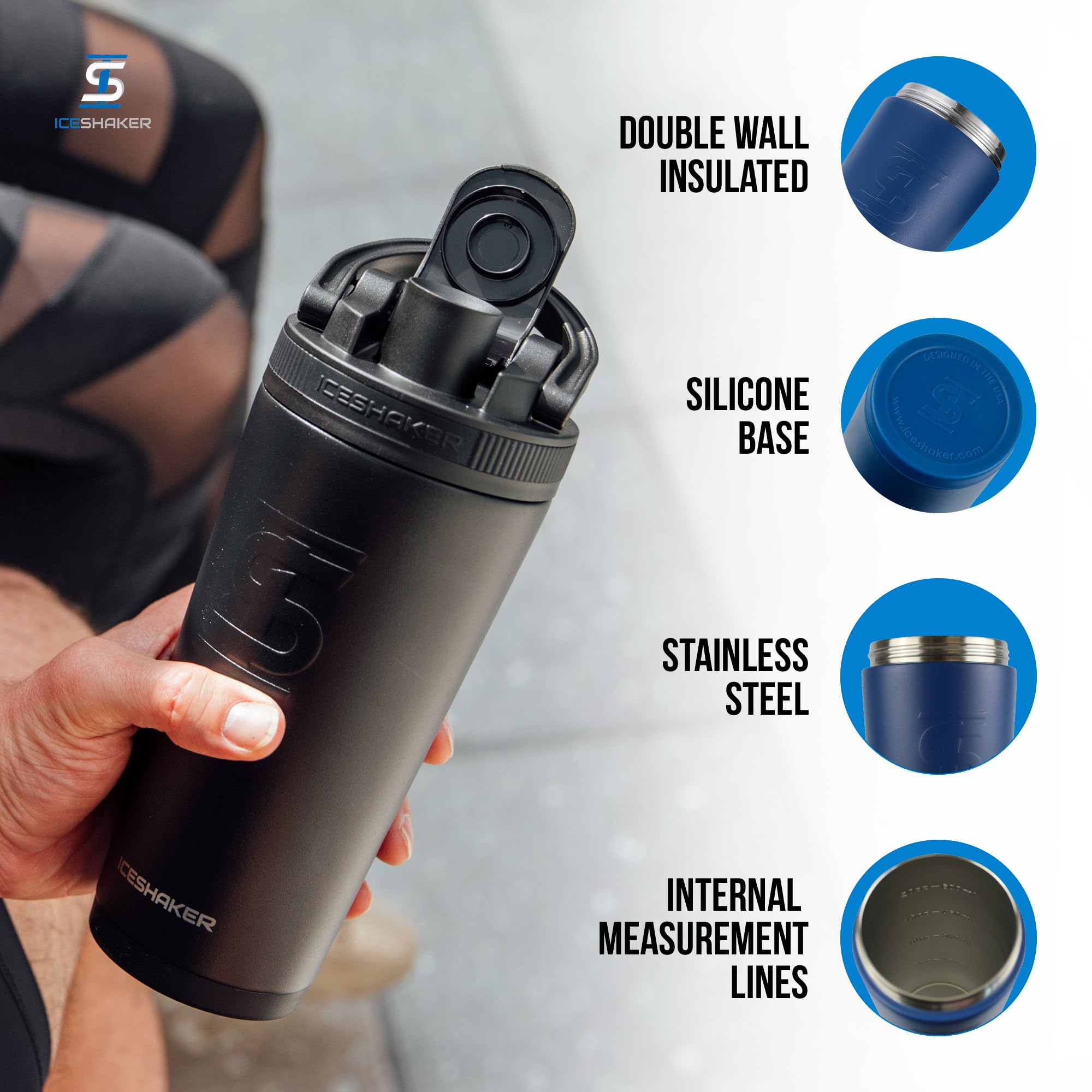 Close-up of Ice Shaker twist-on agitator blending powder quietly.