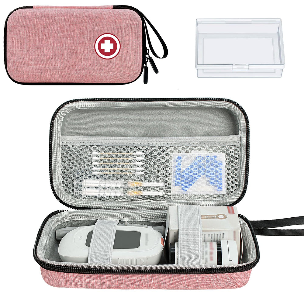 ICIMBI travel case main compartment showing organized glucose meter and accessories for quick access