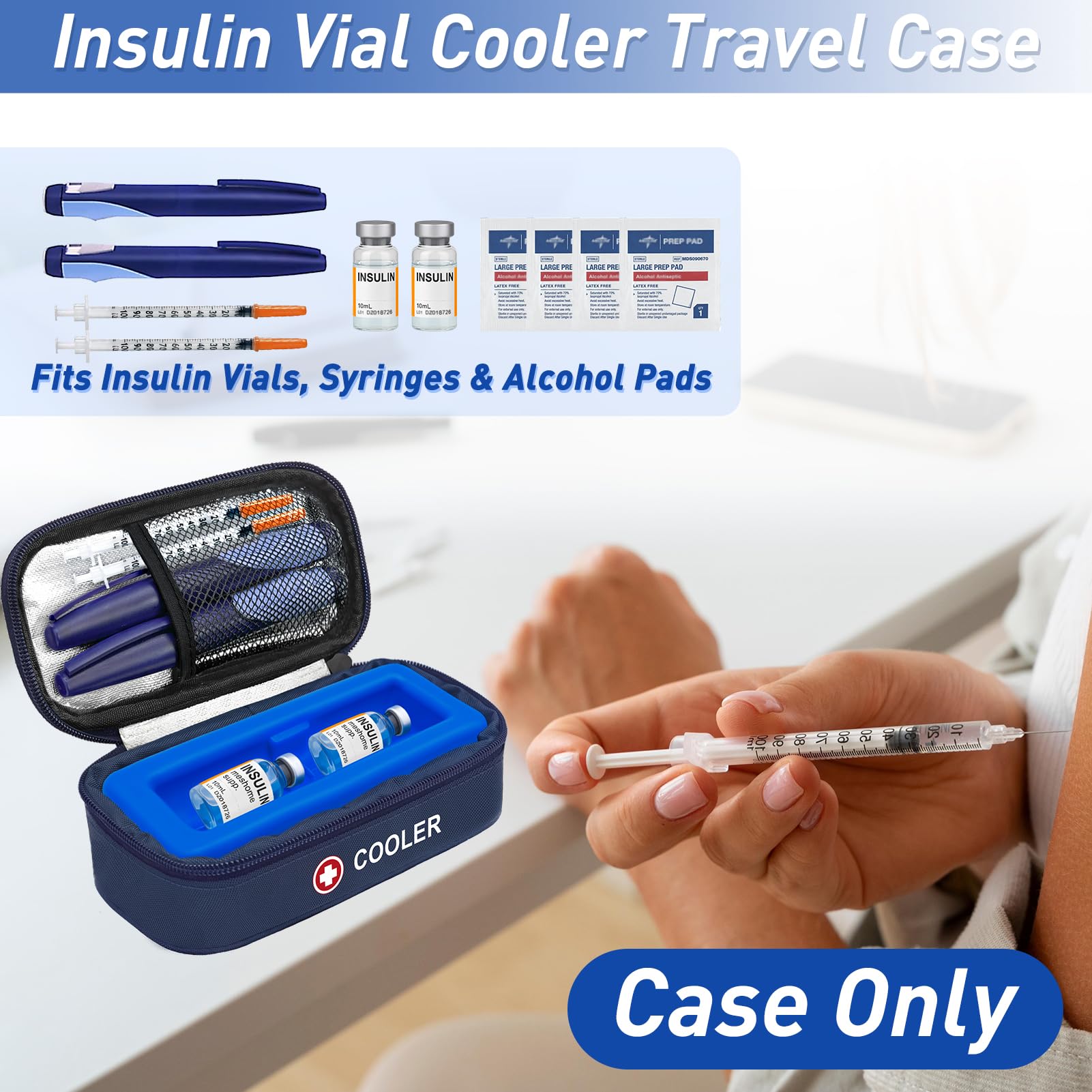ICIMBI insulin vial cooler case interior with vial slots and mesh pocket