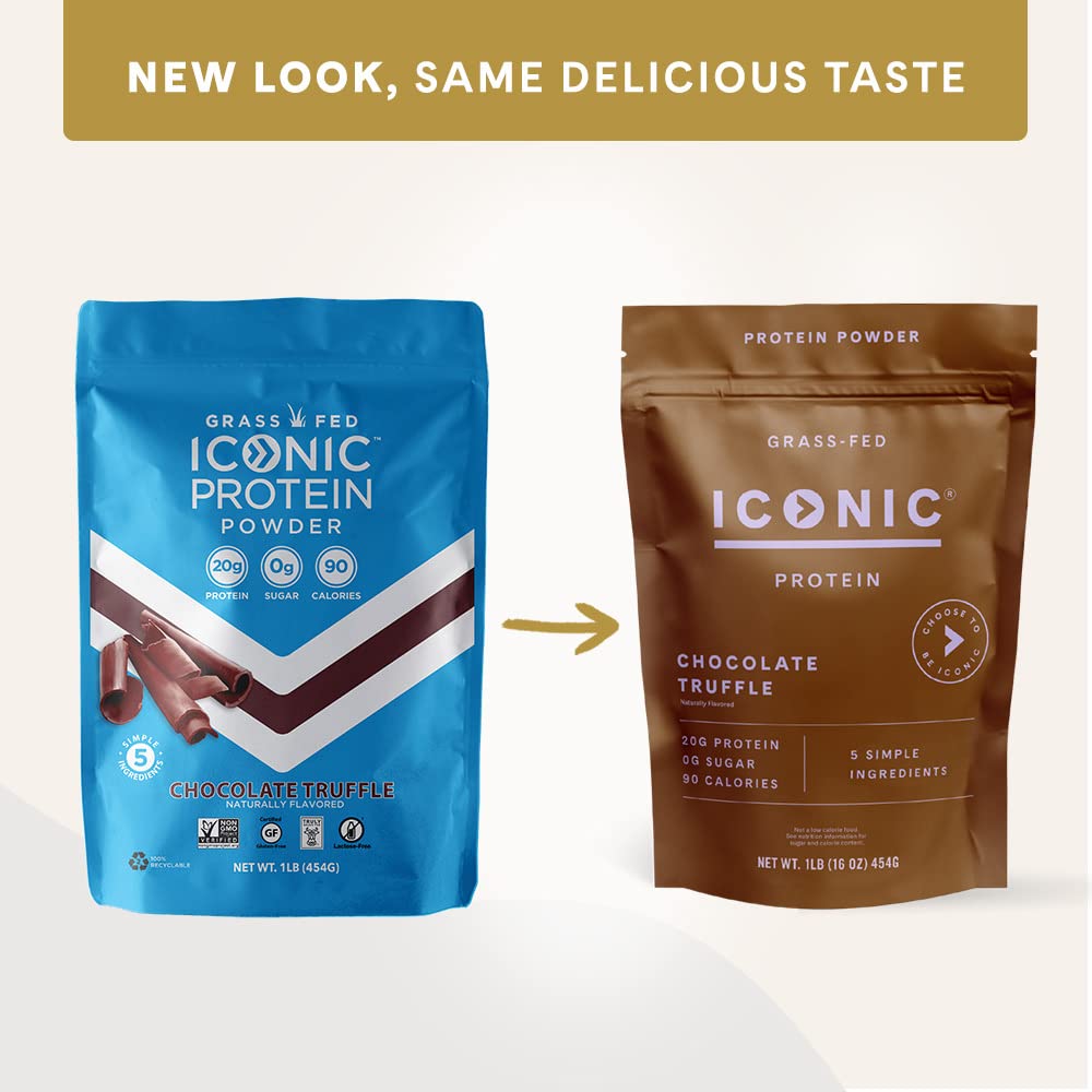 ICONIC Protein Powder Chocolate Truffle ingredients panel shows five natural ingredients.