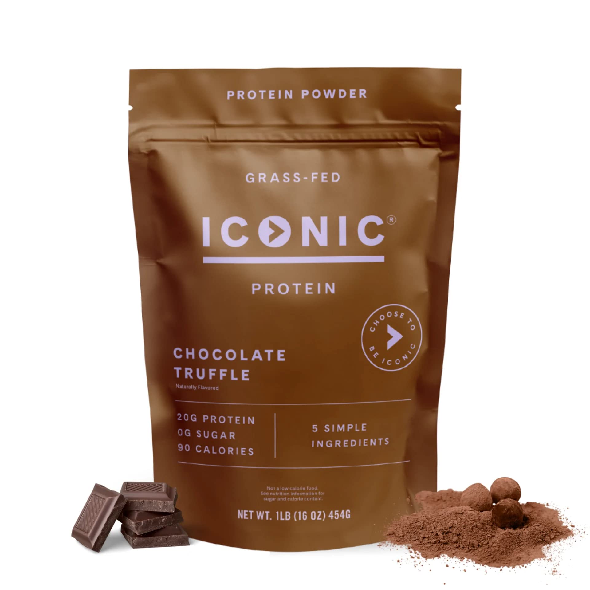 ICONIC Protein Powder Chocolate Truffle pouch highlighting keto-friendly, sugar-free nutrition.