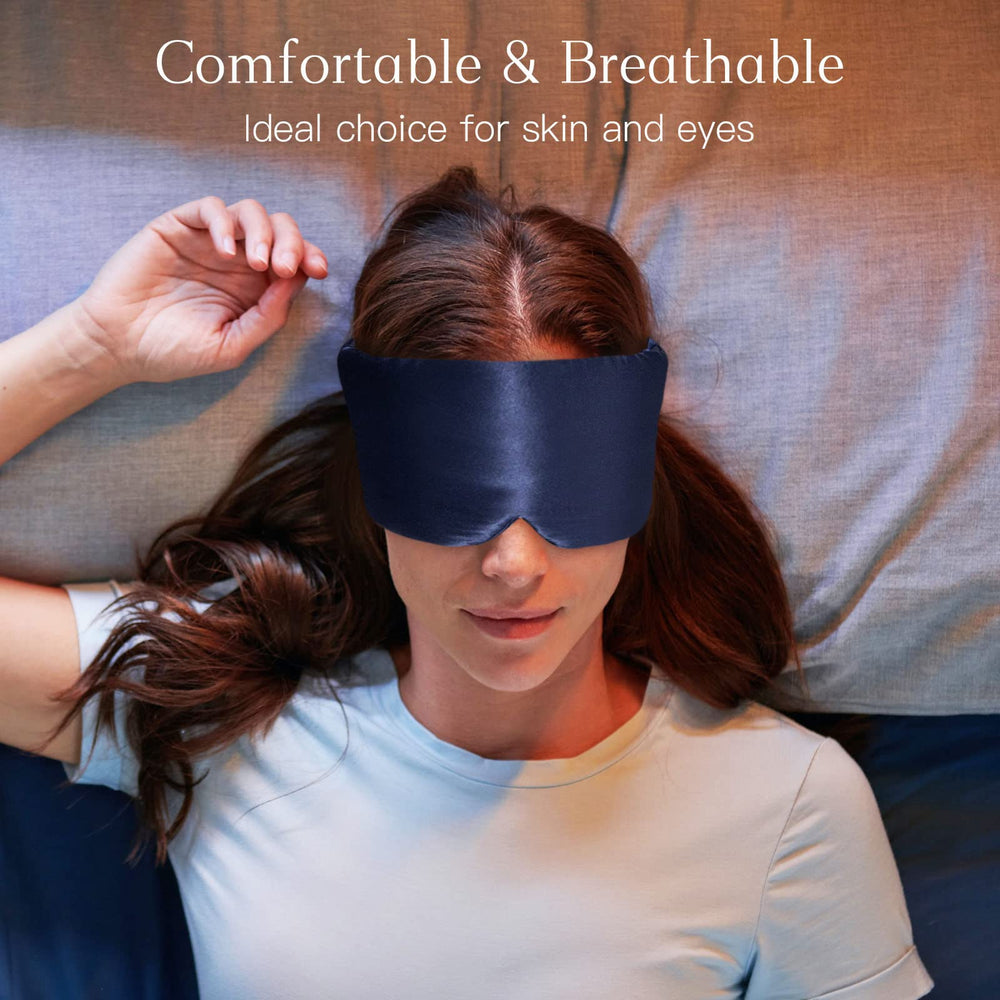 iCooBreeze silk eye mask adjustable strap ensures secure, pressure-free fit during travel.