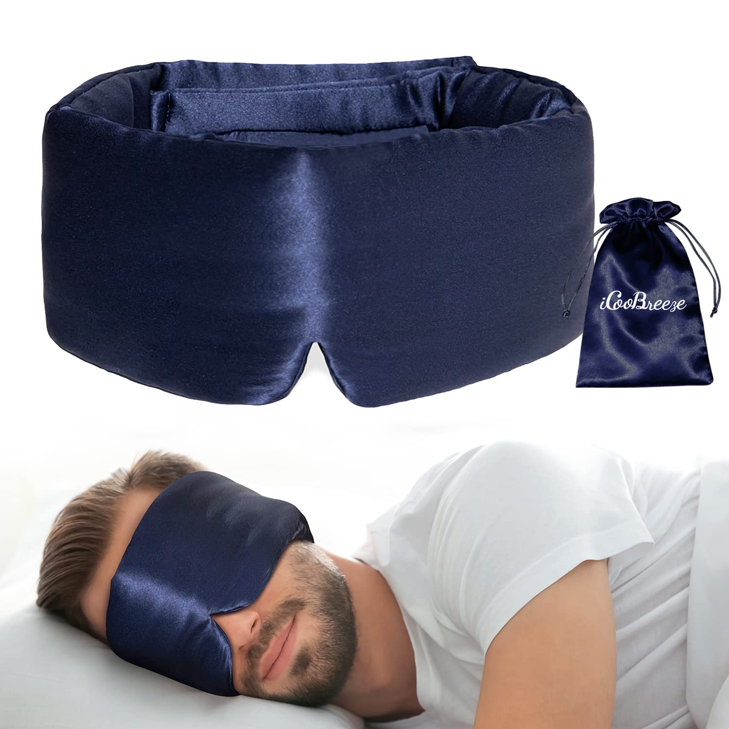 iCooBreeze silk eye mask front view highlights premium mulberry silk for comfortable sleep.