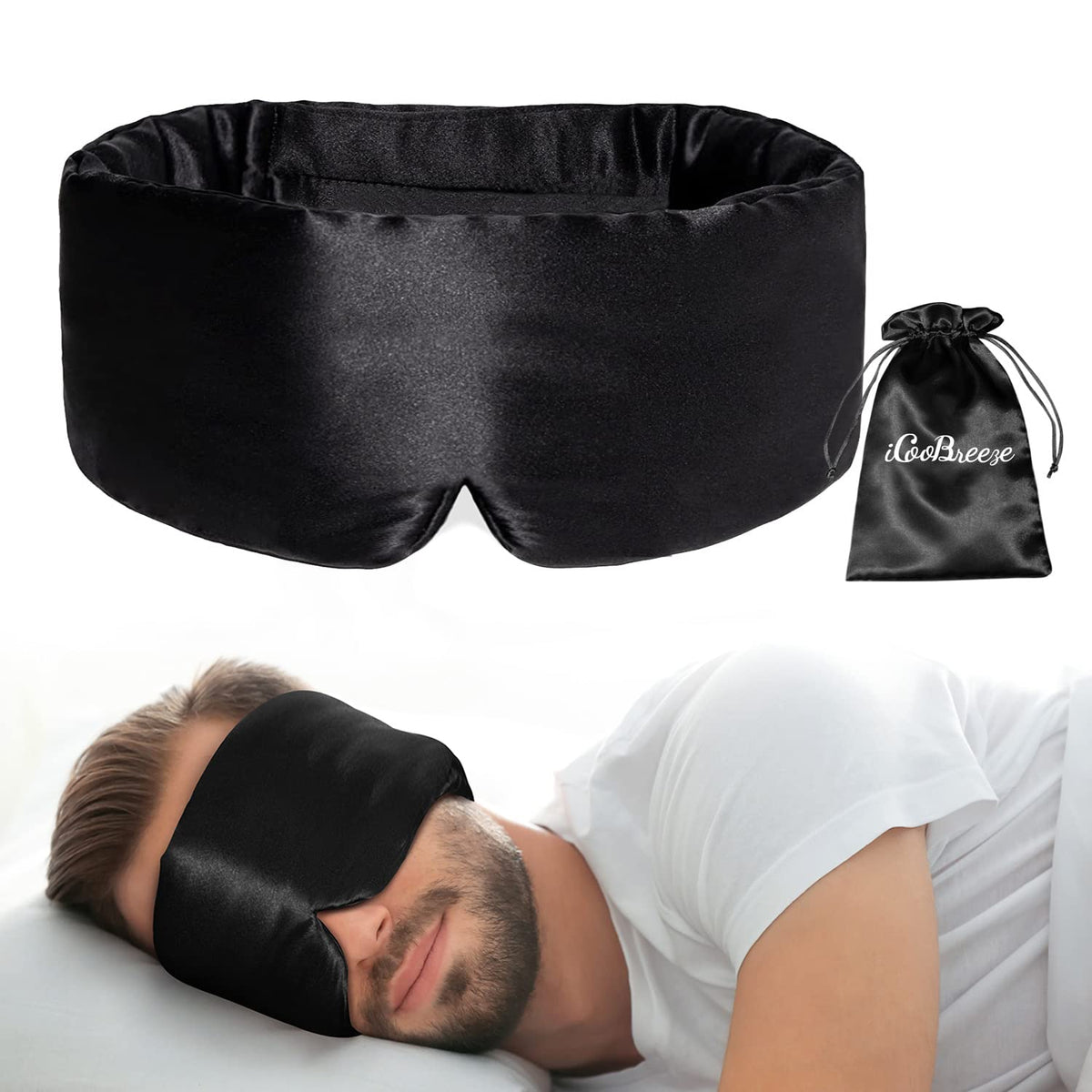 iCooBreeze silk eye mask with large blackout design for deep, undisturbed sleep