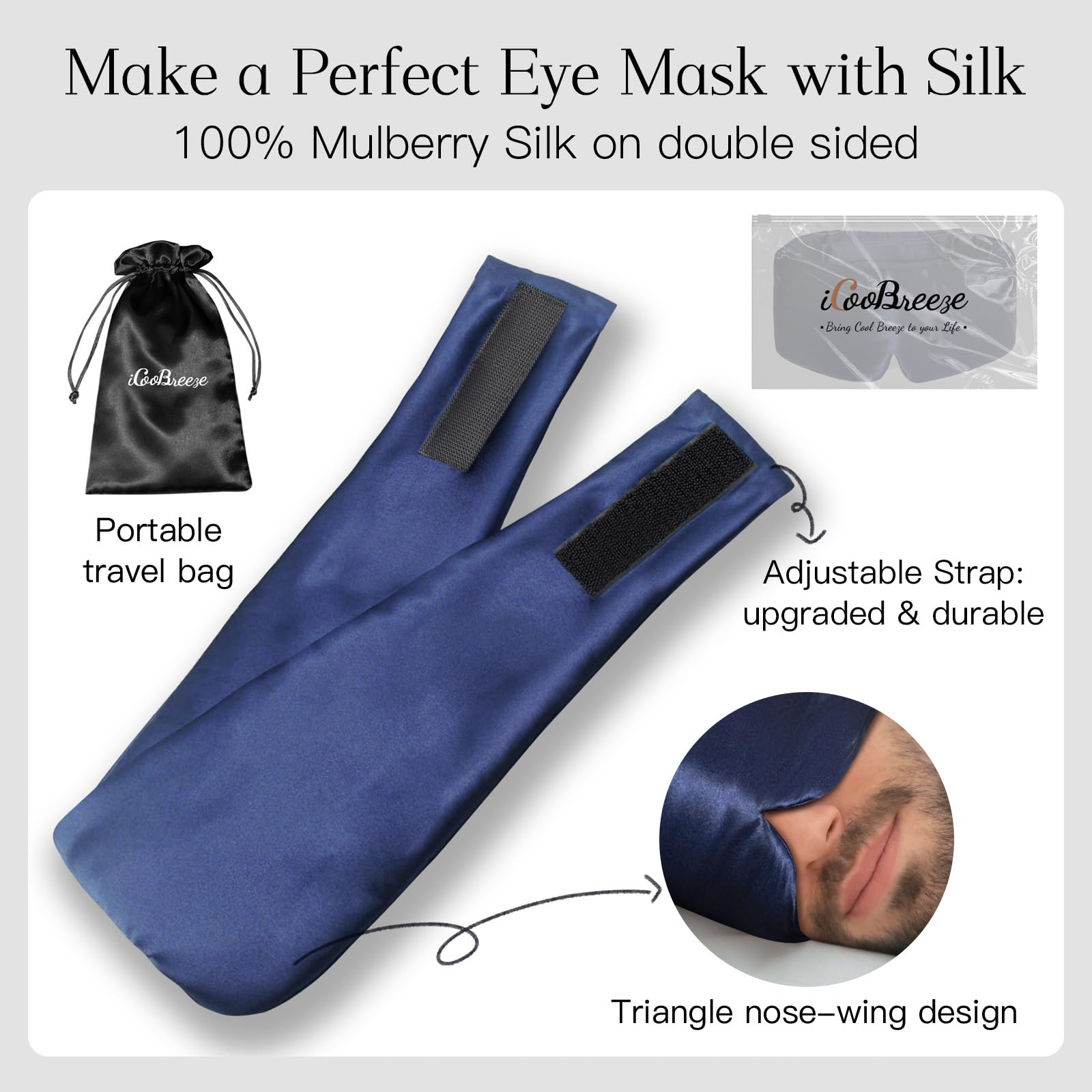 iCooBreeze silk eye mask large size blocks light for deep rest.