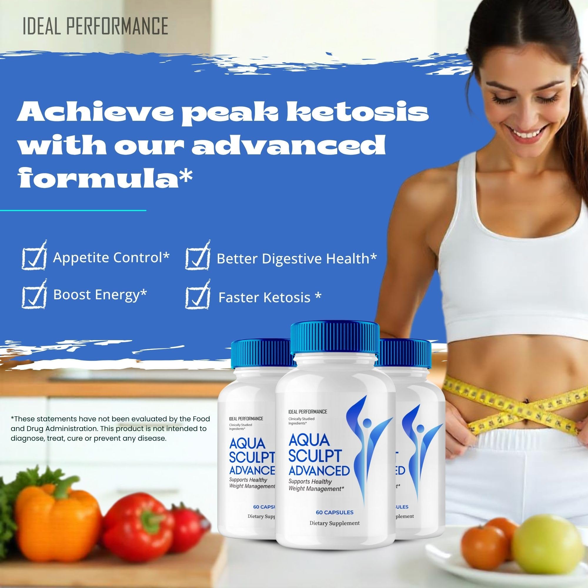 IDEAL PERFORMANCE Aqua Sculpt bottle beside a protein shake emphasizes natural keto-friendly formulation.