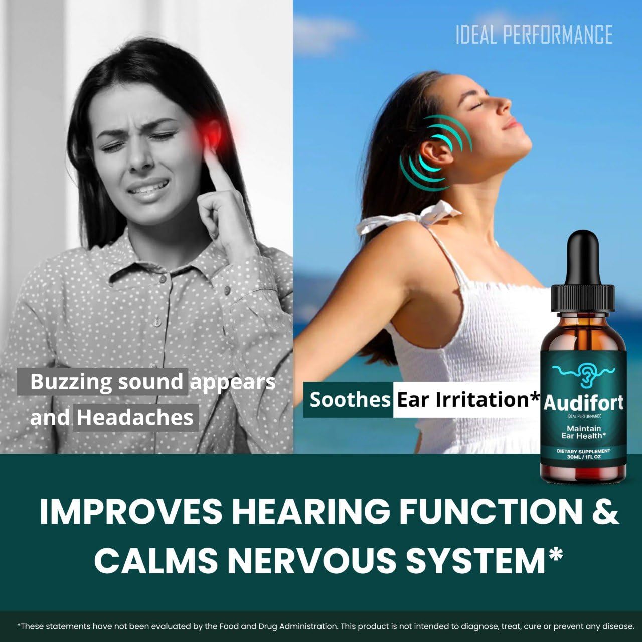 IDEAL PERFORMANCE Customer review visual highlights real-world feedback about Audifort Drops