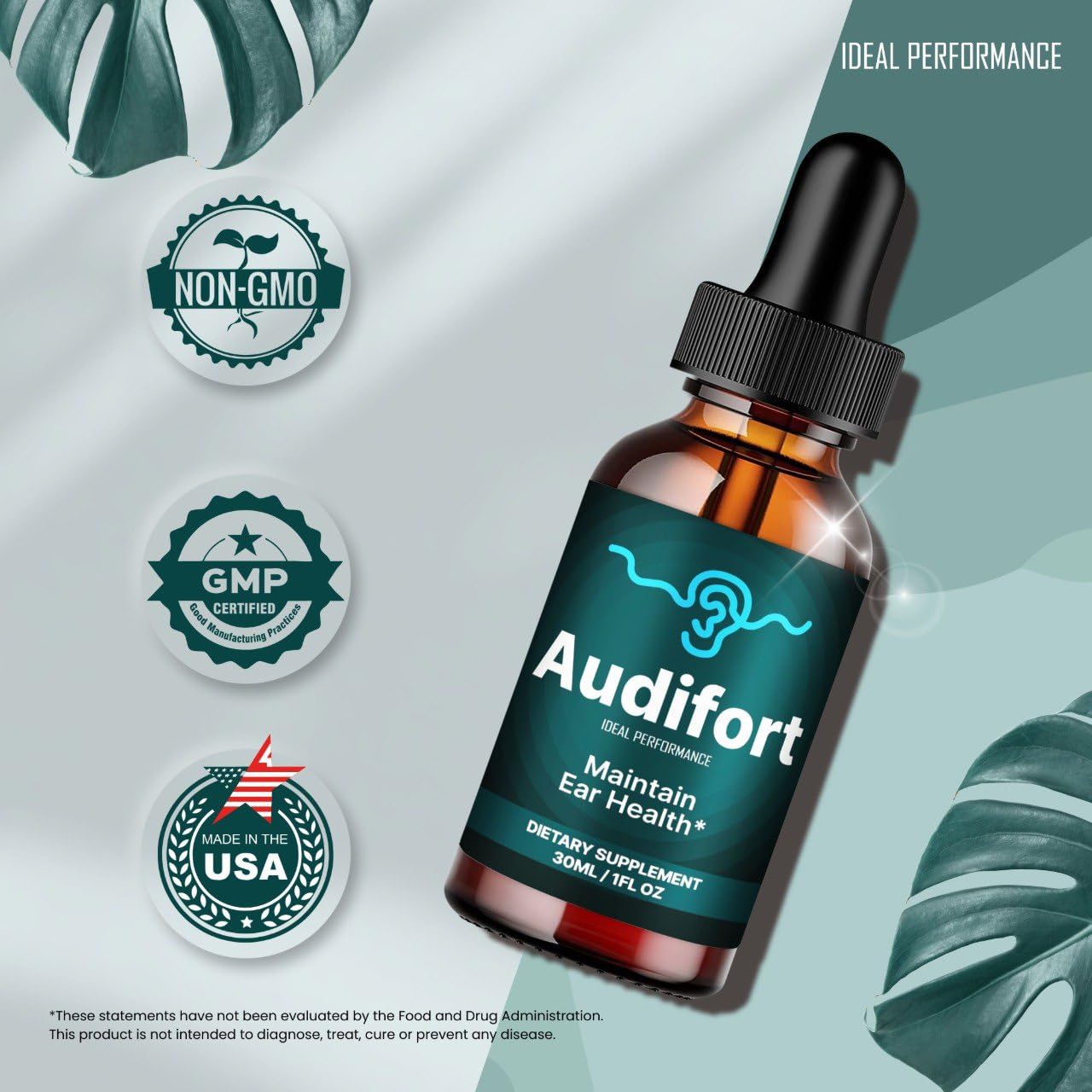IDEAL PERFORMANCE Audifort Tinnitus Drops dosing scene demonstrates daytime use