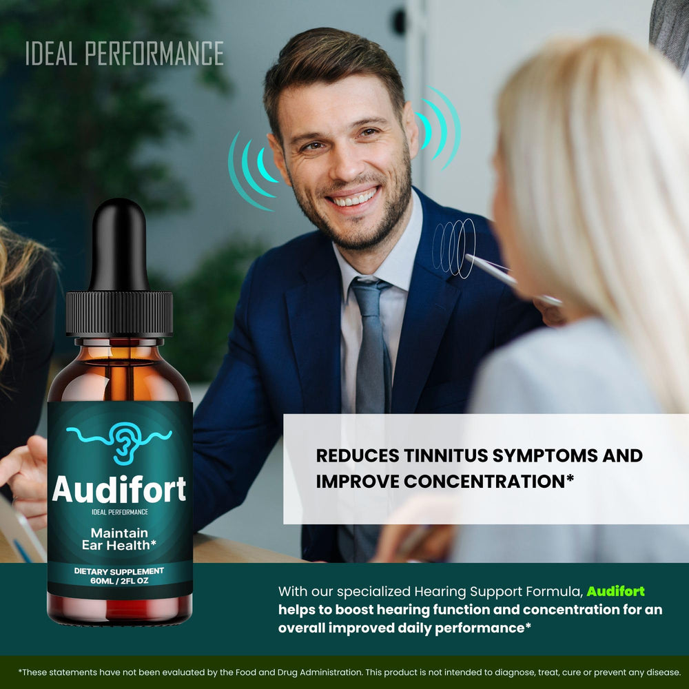 IDEAL PERFORMANCE Audifort Tinnitus Drops ear health illustration suggesting support