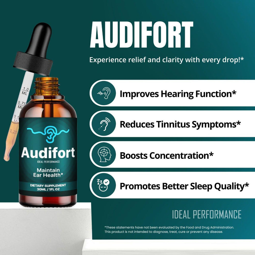 IDEAL PERFORMANCE Audifort Tinnitus Drops bottle and droppers ready for daily ear care