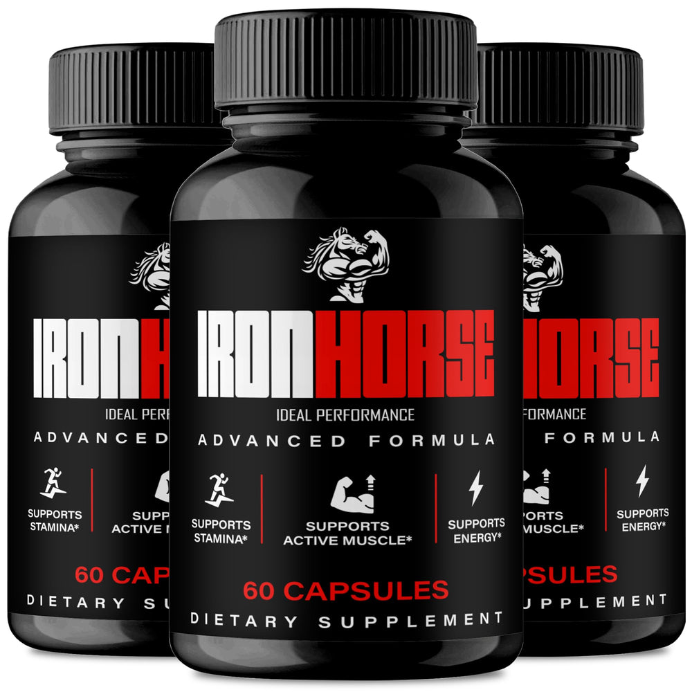 IDEAL PERFORMANCE Iron Horse bottle pour shows energy-boosting capsules.