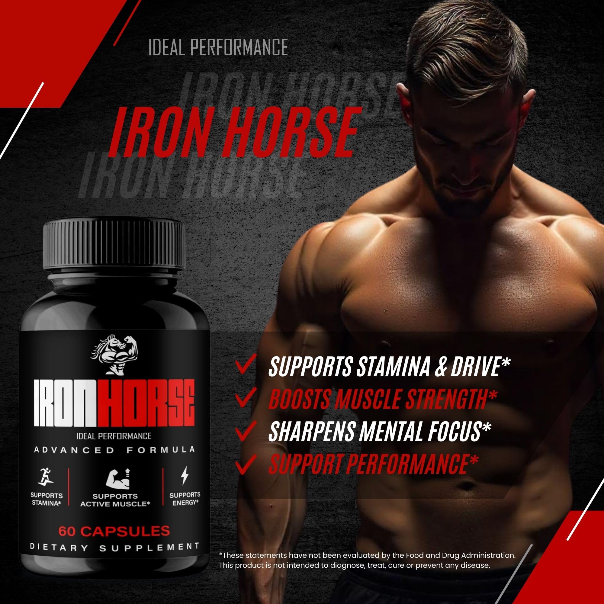 IDEAL PERFORMANCE Iron Horse bottle beside running shoes for fitness use.