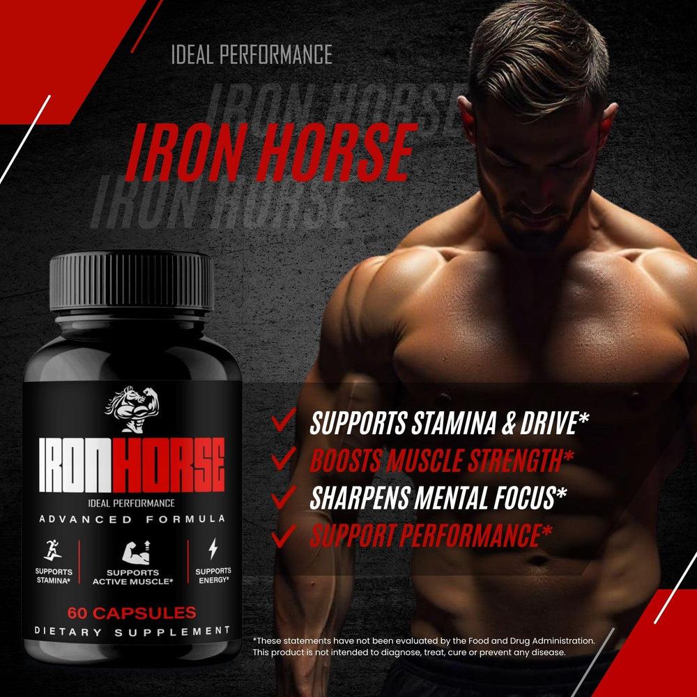 IDEAL PERFORMANCE Iron Horse bottle beside running shoes for fitness use.