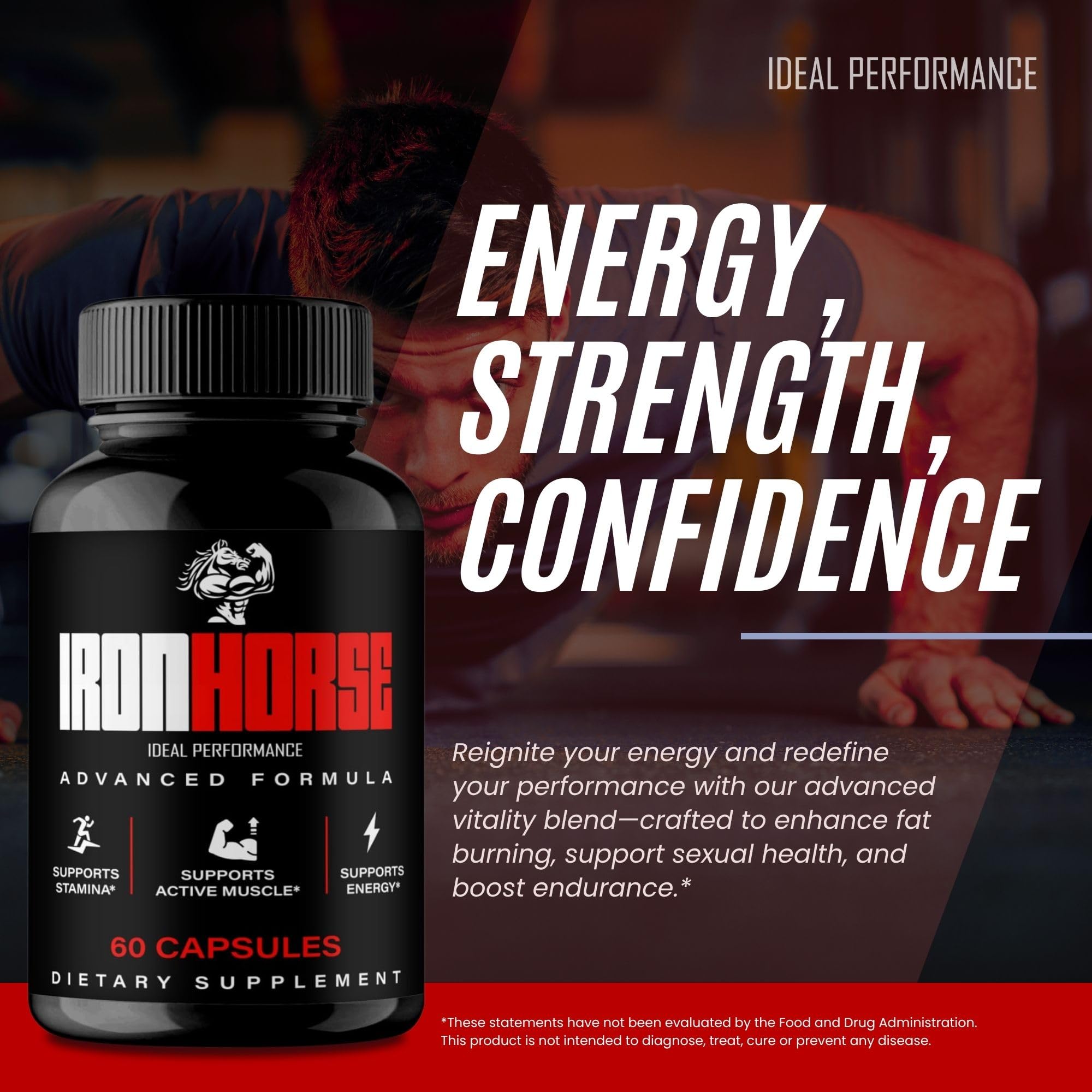 Ideal Performance Iron Horse capsules in hand for on-the-go vitality.
