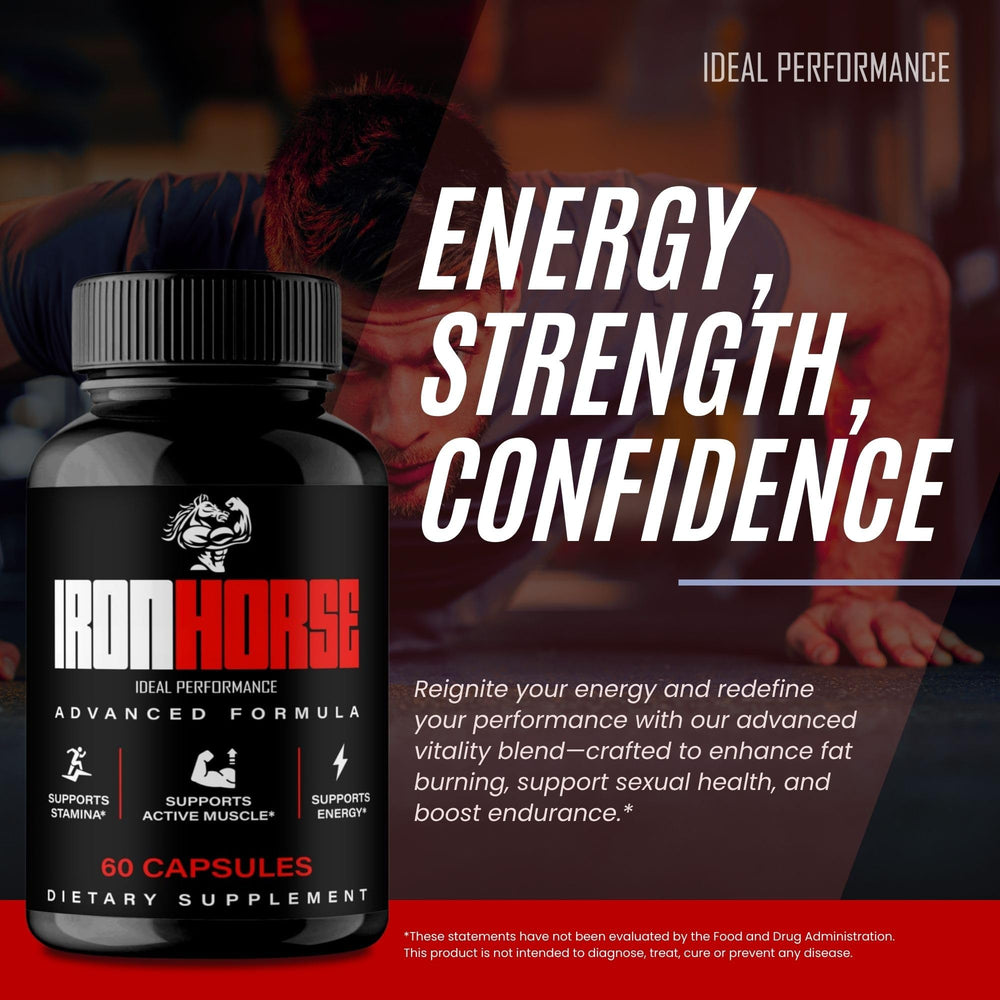 Ideal Performance Iron Horse capsules in hand for on-the-go vitality.
