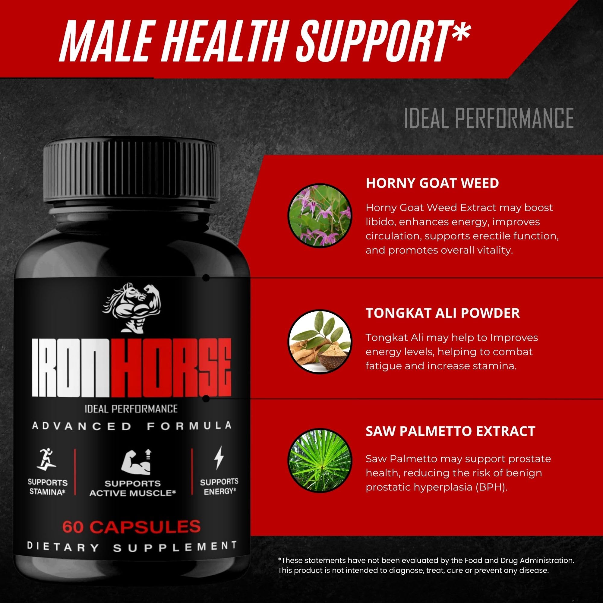 IDEAL PERFORMANCE Iron Horse health support reviews shown on label.