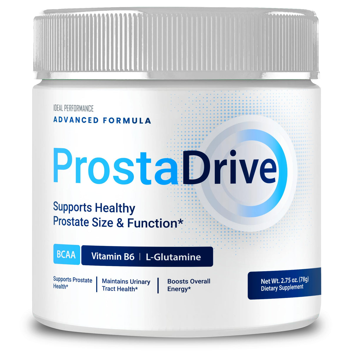 IDEAL PERFORMANCE Prosta Drive Powder bottle showing maximum-strength formula for daily support.