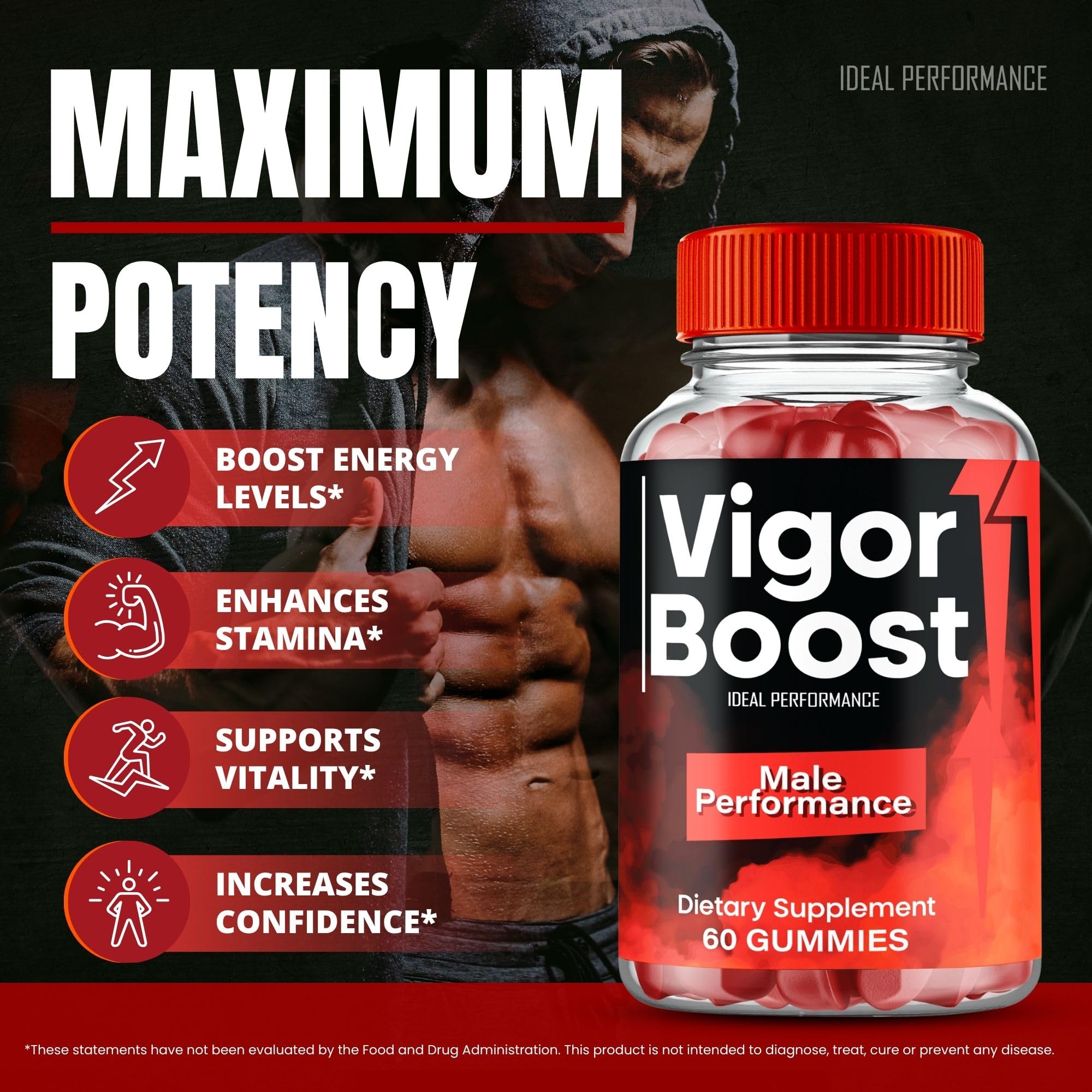 IDEAL PERFORMANCE Vigor Boost Gummies ingredients panel highlighting natural blend