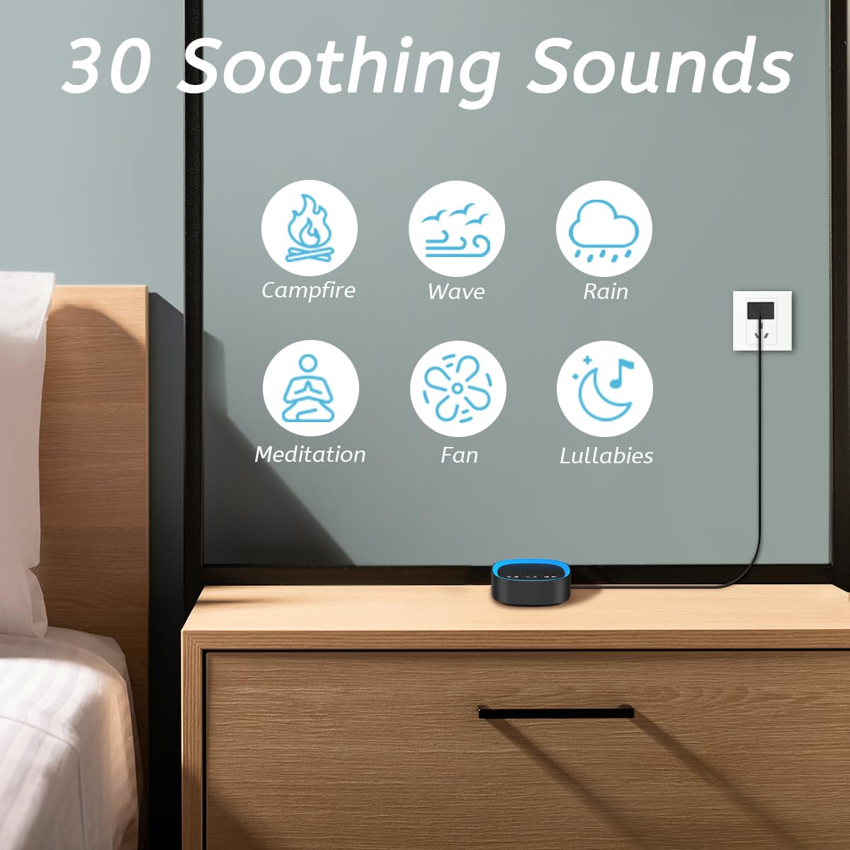 iEasy Sleep 30 sounds panel showcasing diverse ambient options for relaxation.