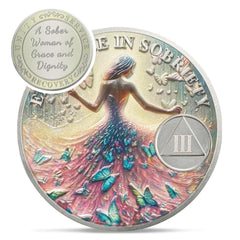 IELCJJ Artsy Grace 3-Year Coin front shows a graceful woman with butterflies symbolizing transformation and hope.