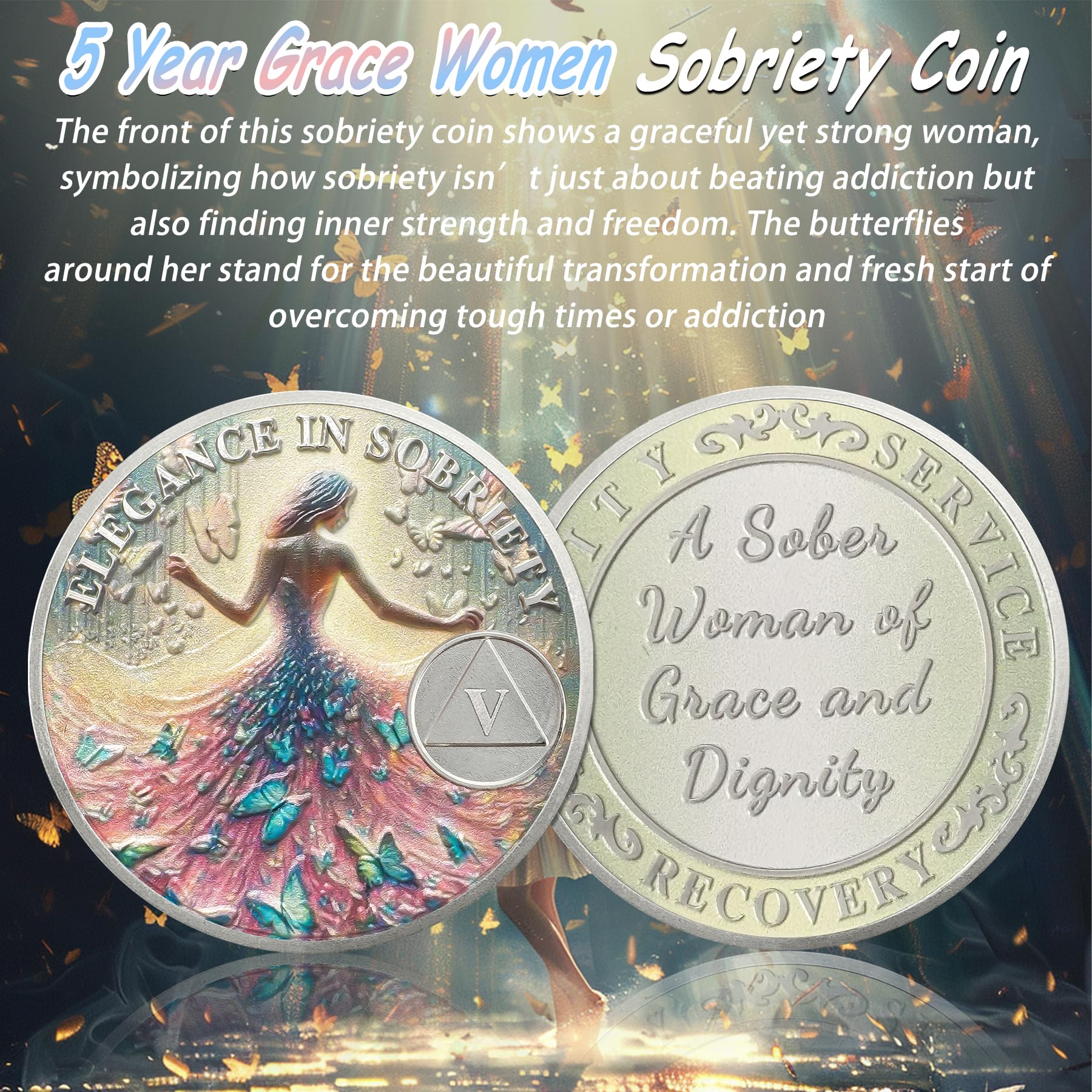 Back of IELCJJ Artsy Grace coin highlighting Unity, Service, Recovery for community support