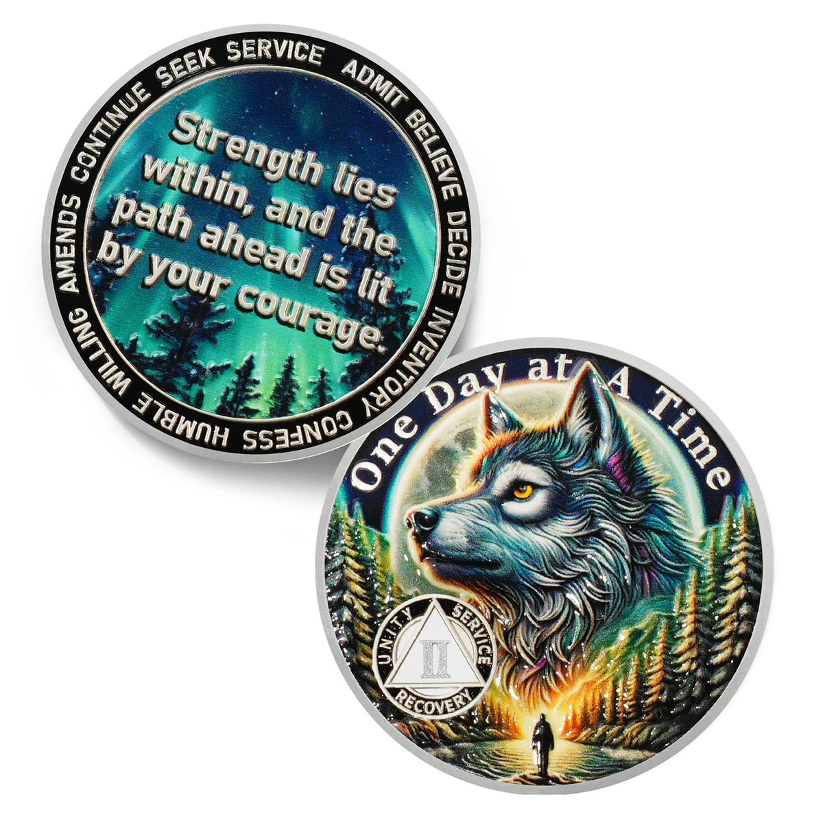 IELCJJ One Day at a Time coin front with wolf and aurora for daily motivation