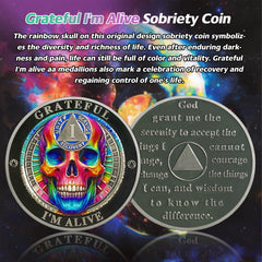 IELCJJ Rainbow Skull sobriety coin back—engraved Serenity Prayer for resilience during cravings.