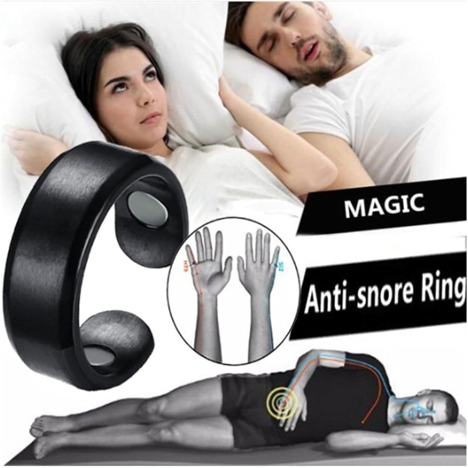 IENRGJ snorno ring wearer sleeping peacefully with acupressure.