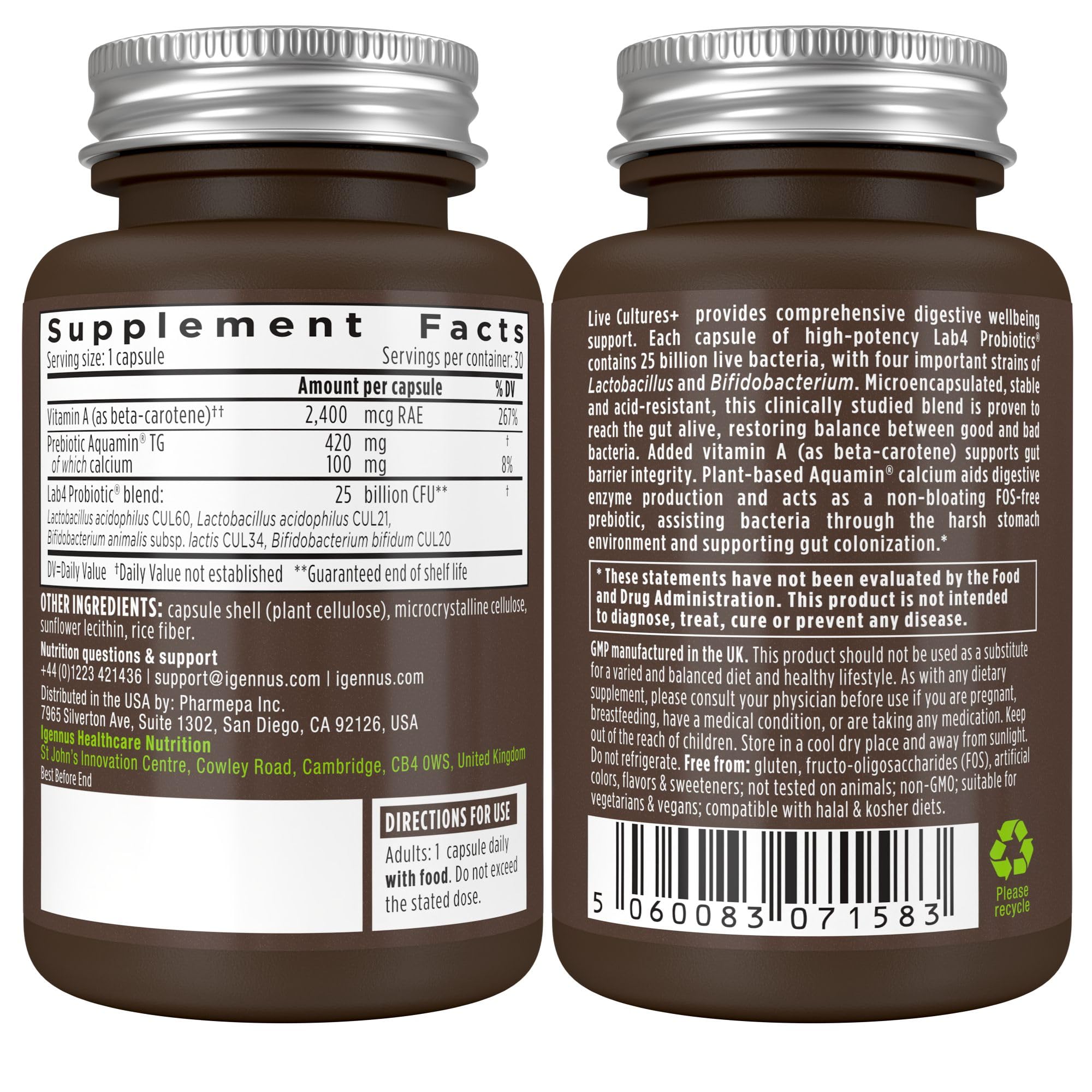 Igennus allergen-free icons indicate gluten, dairy, soy-free formulation