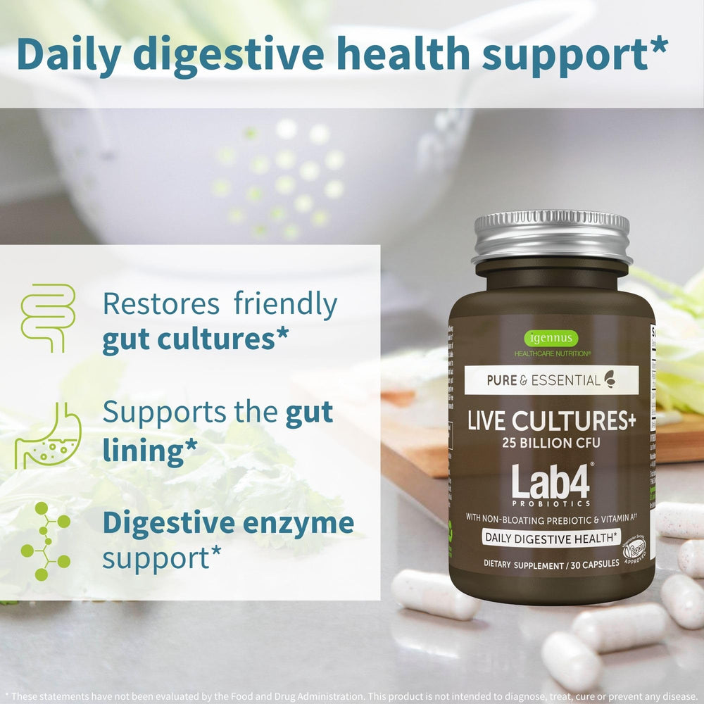 Igennus Lab4 strains closeup, four probiotic cultures for balanced digestion