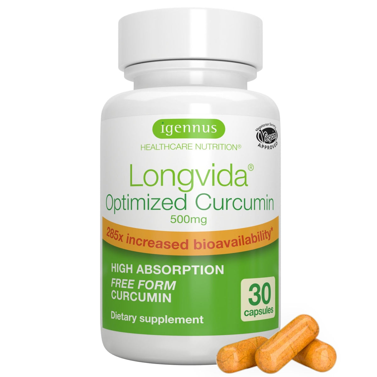 Igennus Longvida curcumin 500mg bottle with capsules supports daily wellbeing.