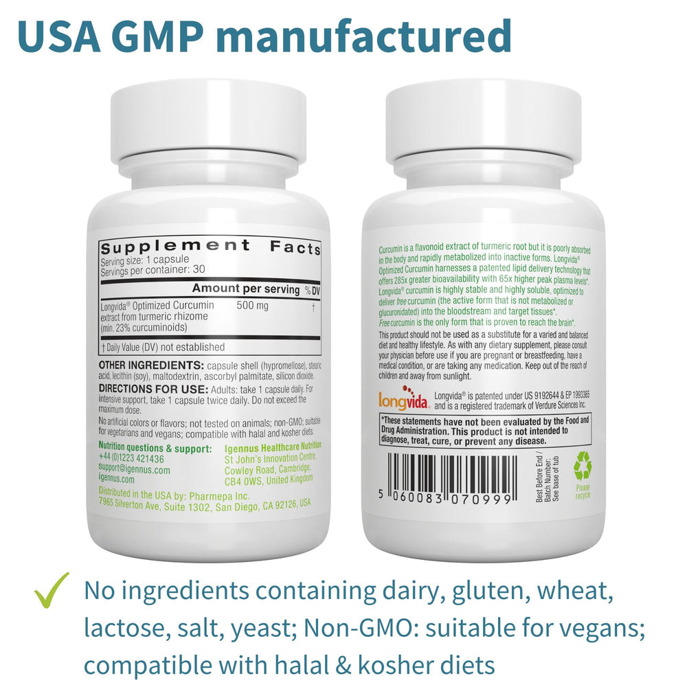 Igennus Longvida ingredients list underscores free-form curcumin and bioactive components.