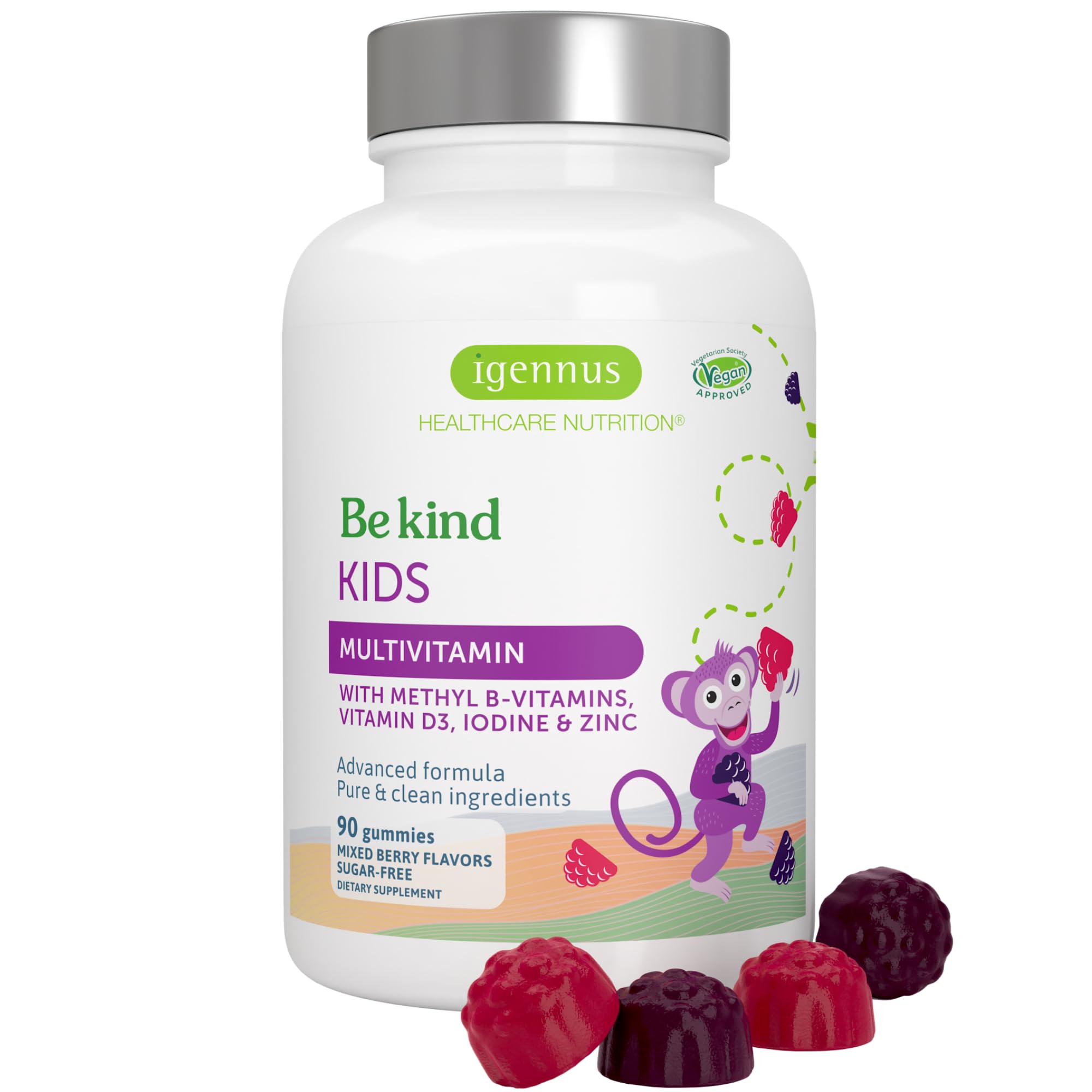 Igennus Methylated Kids Multivitamin Gummy bottle showing berry flavor for daily support