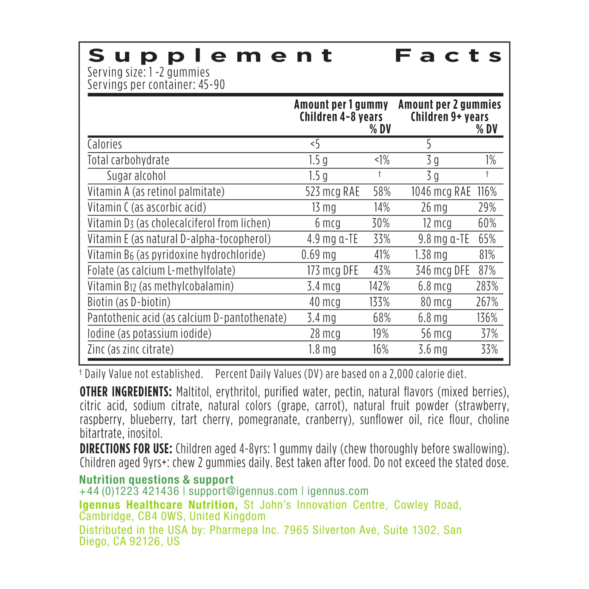 Igennus Methylated Kids Multivitamin Gummy real fruit powder in berry flavor boosts flavor and nutrients