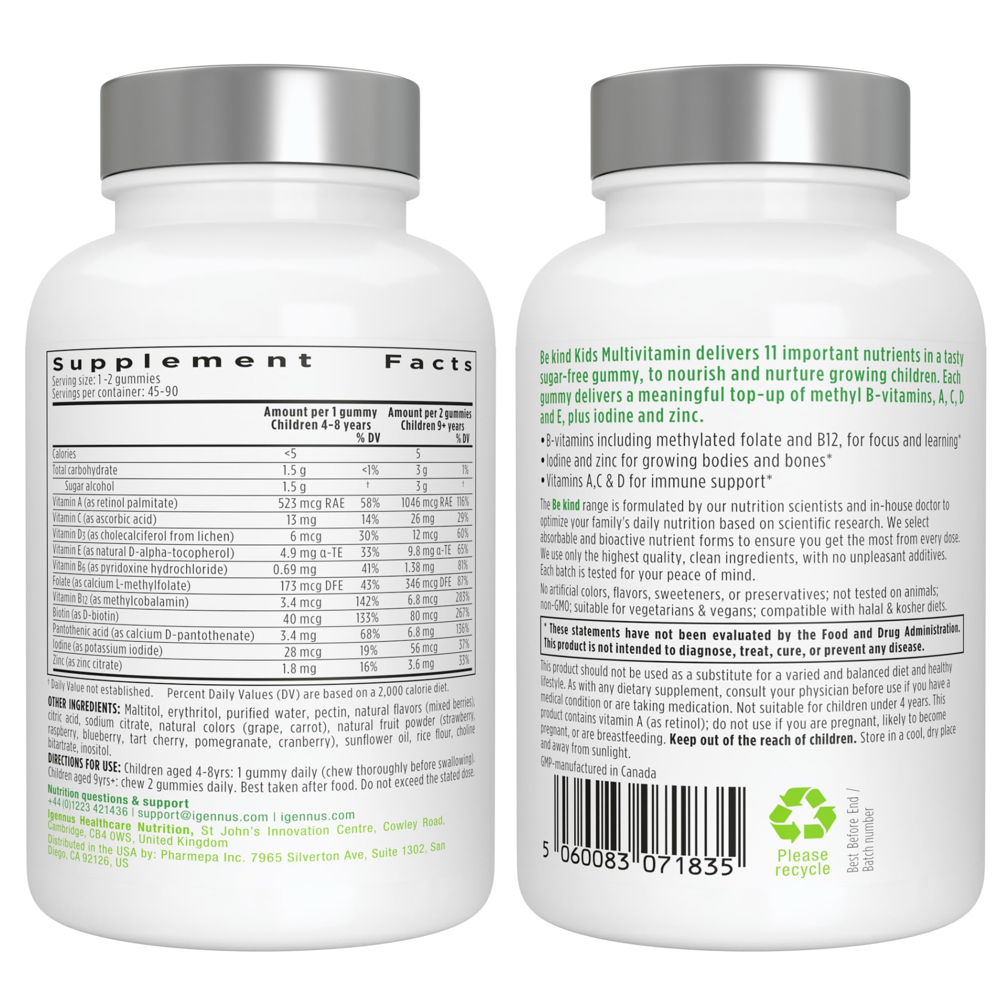 Igennus Methylated Kids Multivitamin Gummy vegan and halal friendly symbol on packaging